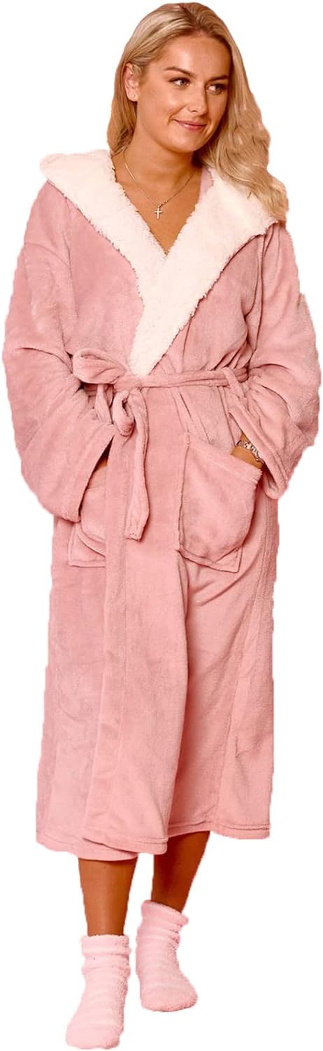 Sienna Super Soft Flannel Fleece Hooded Dressing Gown Womens Sherpa Lined Fluffy Luxurious Comfy Cosy Bathrobe Gifts for Mum - Amazing Gadgets Outlet