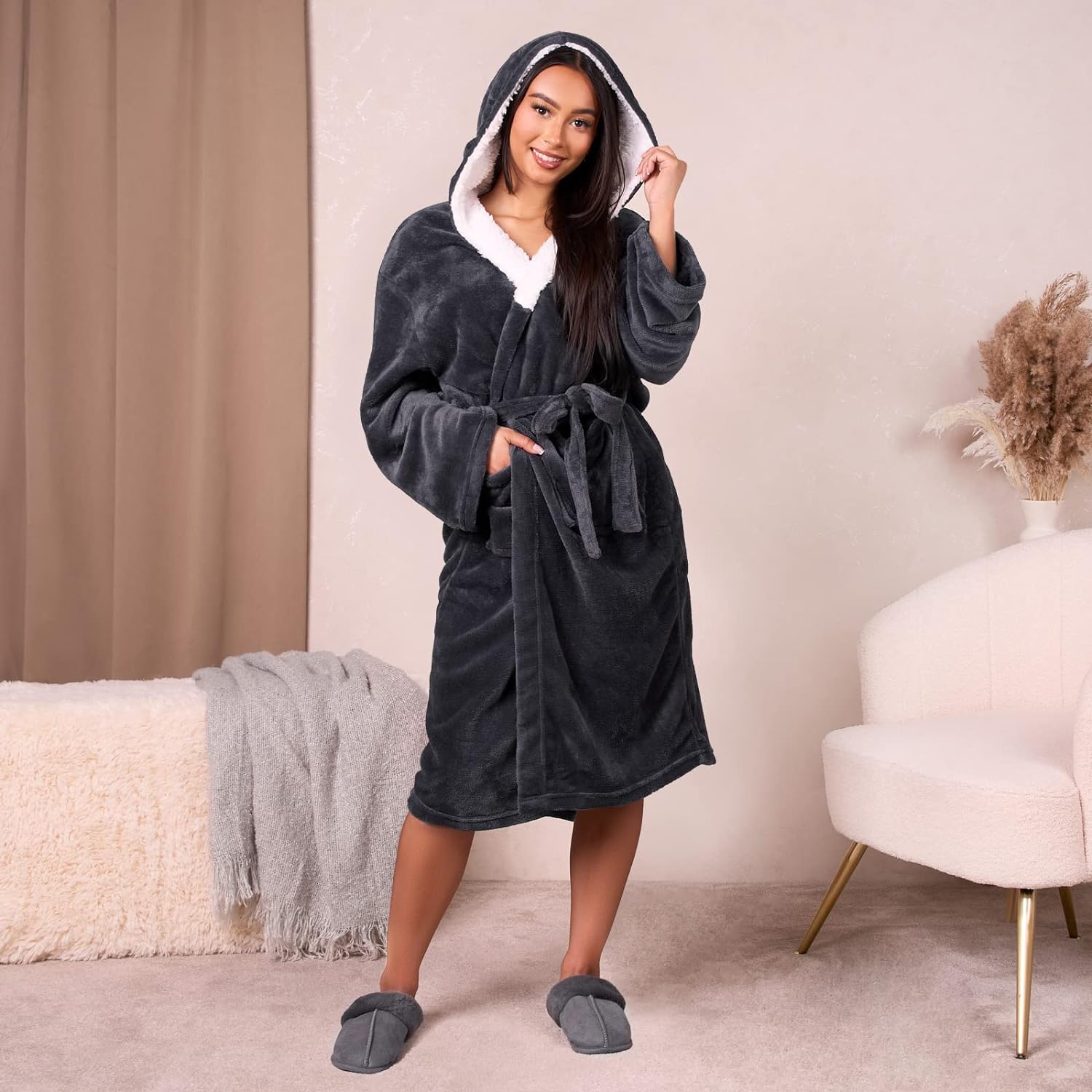 Sienna Super Soft Flannel Fleece Hooded Dressing Gown Womens Sherpa Lined Fluffy Luxurious Comfy Cosy Bathrobe Gifts for Mum - Amazing Gadgets Outlet