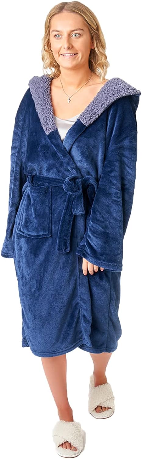 Sienna Super Soft Flannel Fleece Hooded Dressing Gown Womens Sherpa Lined Fluffy Luxurious Comfy Cosy Bathrobe Gifts for Mum - Amazing Gadgets Outlet