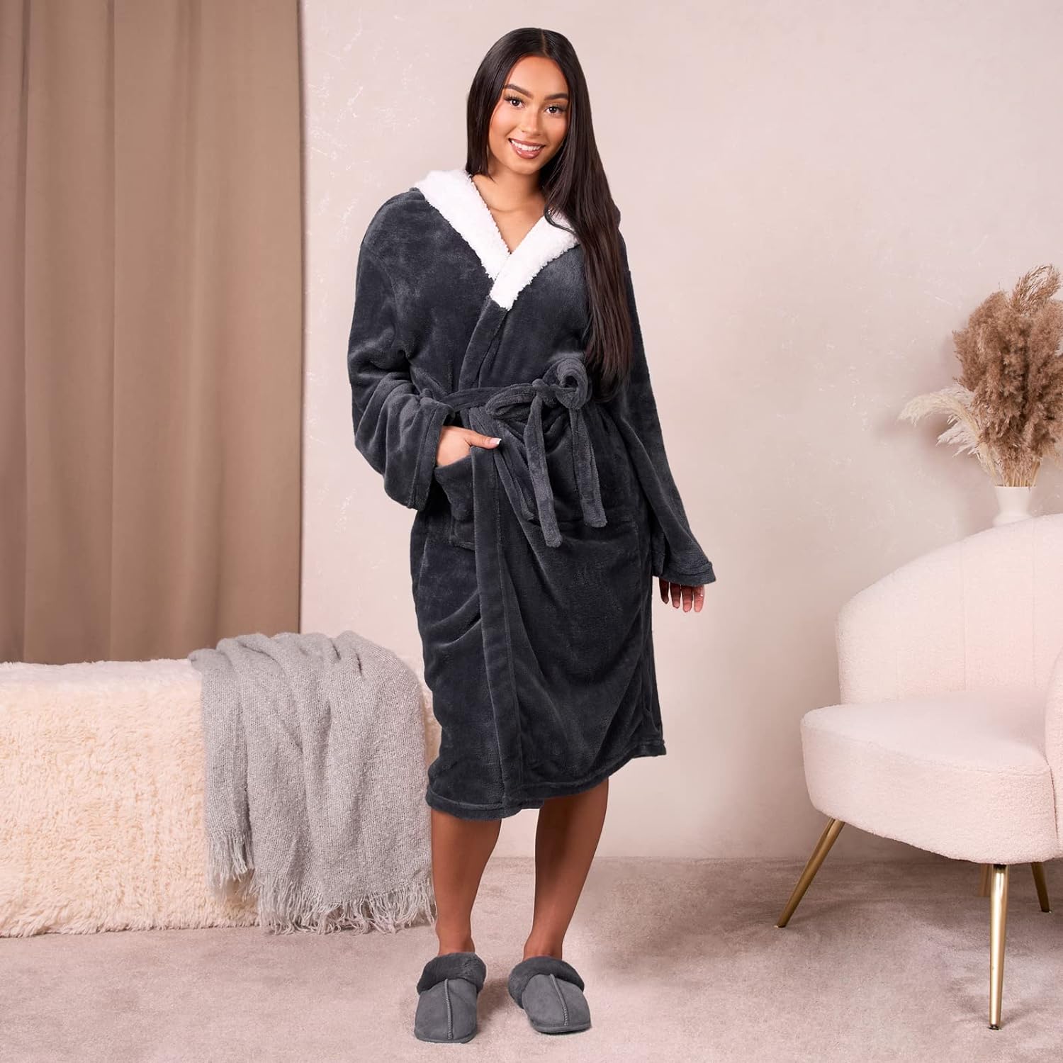 Sienna Super Soft Flannel Fleece Hooded Dressing Gown Womens Sherpa Lined Fluffy Luxurious Comfy Cosy Bathrobe Gifts for Mum - Amazing Gadgets Outlet