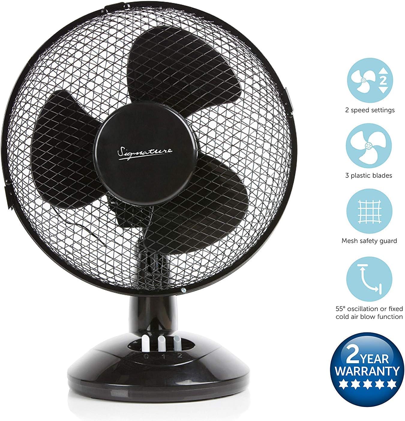 Signature S40008B Portable 9 Inch Oscillating Desk Fan with Adjustable Tilt, 3 Plastic Blades, 2 Speed Settings, Black - Amazing Gadgets Outlet