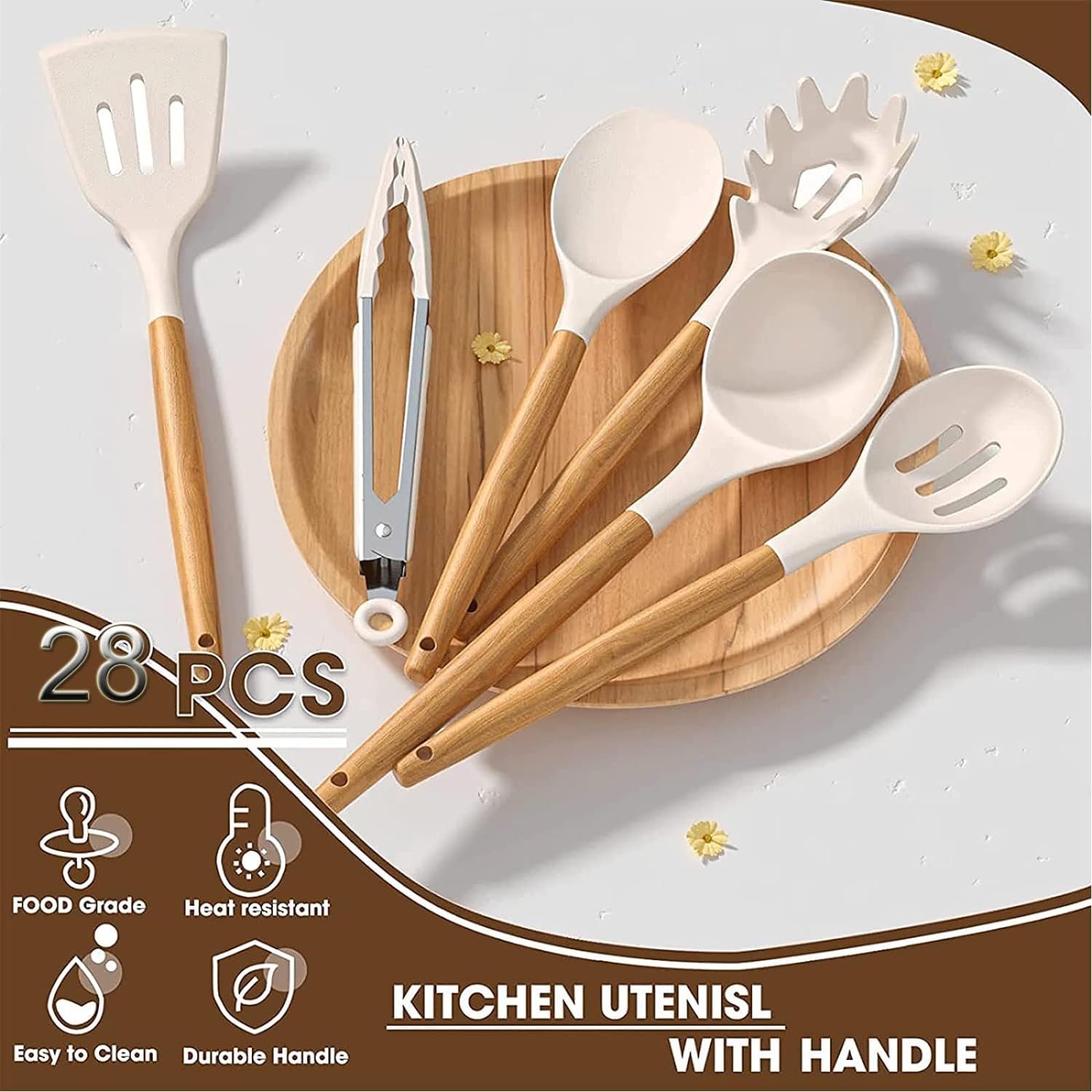 Silicone Kitchen Utensils Set, 28pcs Silicone Kitchen Cooking Utensils Set, Kitchen Tools Spatula Set with Holder for Nonstick Heat Resistant Cookware, Khaki - Amazing Gadgets Outlet