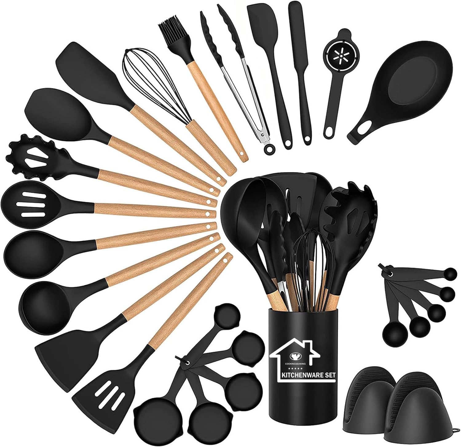 Silicone Kitchen Utensils Set, 28pcs Silicone Kitchen Cooking Utensils Set, Kitchen Tools Spatula Set with Holder for Nonstick Heat Resistant Cookware, Khaki - Amazing Gadgets Outlet