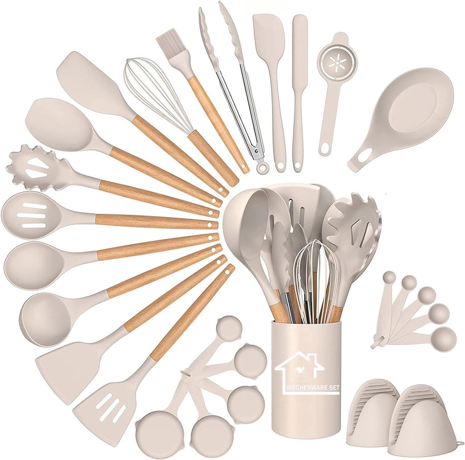 Silicone Kitchen Utensils Set, 28pcs Silicone Kitchen Cooking Utensils Set, Kitchen Tools Spatula Set with Holder for Nonstick Heat Resistant Cookware, Khaki - Amazing Gadgets Outlet