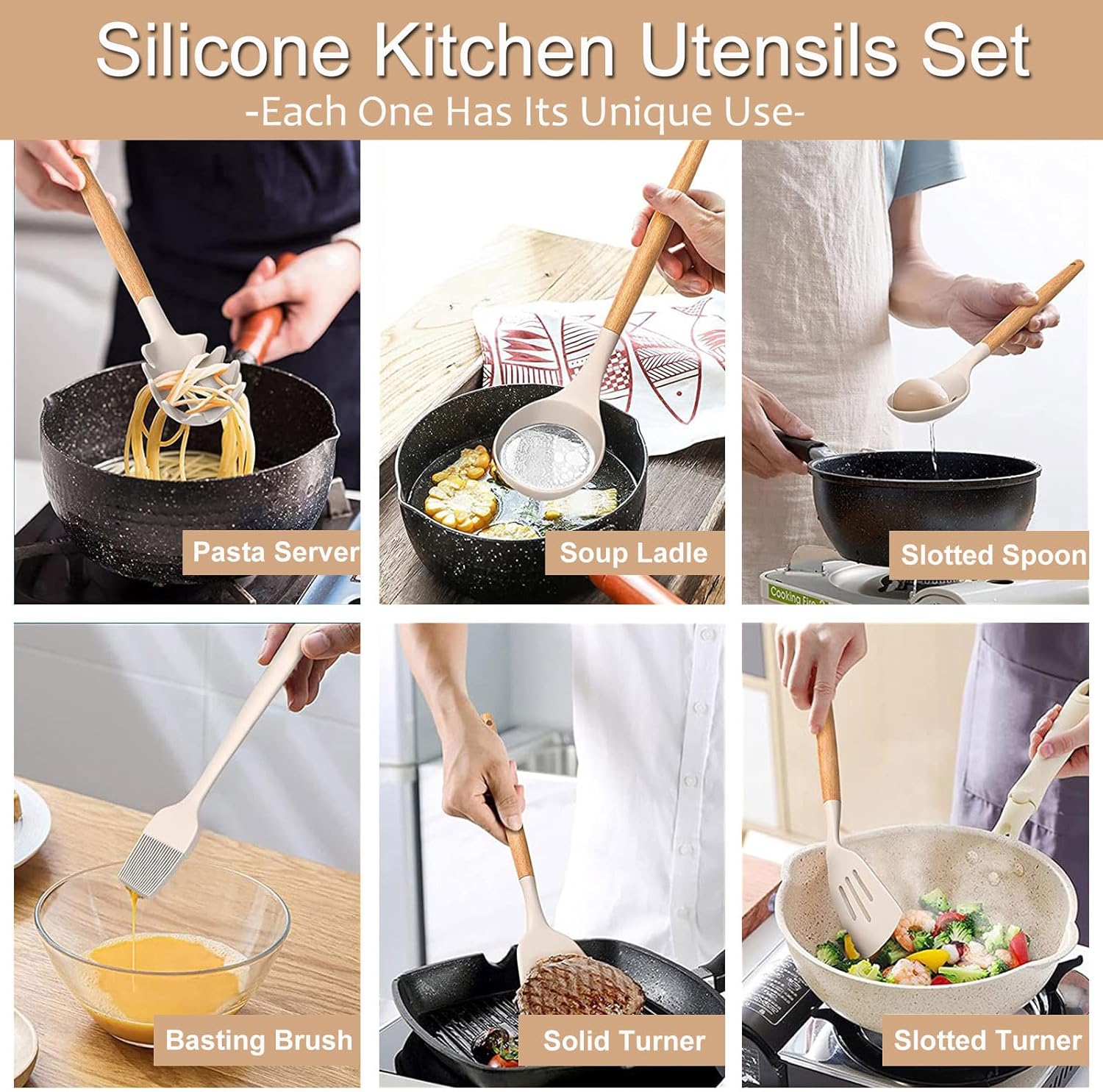 Silicone Kitchen Utensils Set, 28pcs Silicone Kitchen Cooking Utensils Set, Kitchen Tools Spatula Set with Holder for Nonstick Heat Resistant Cookware, Khaki - Amazing Gadgets Outlet