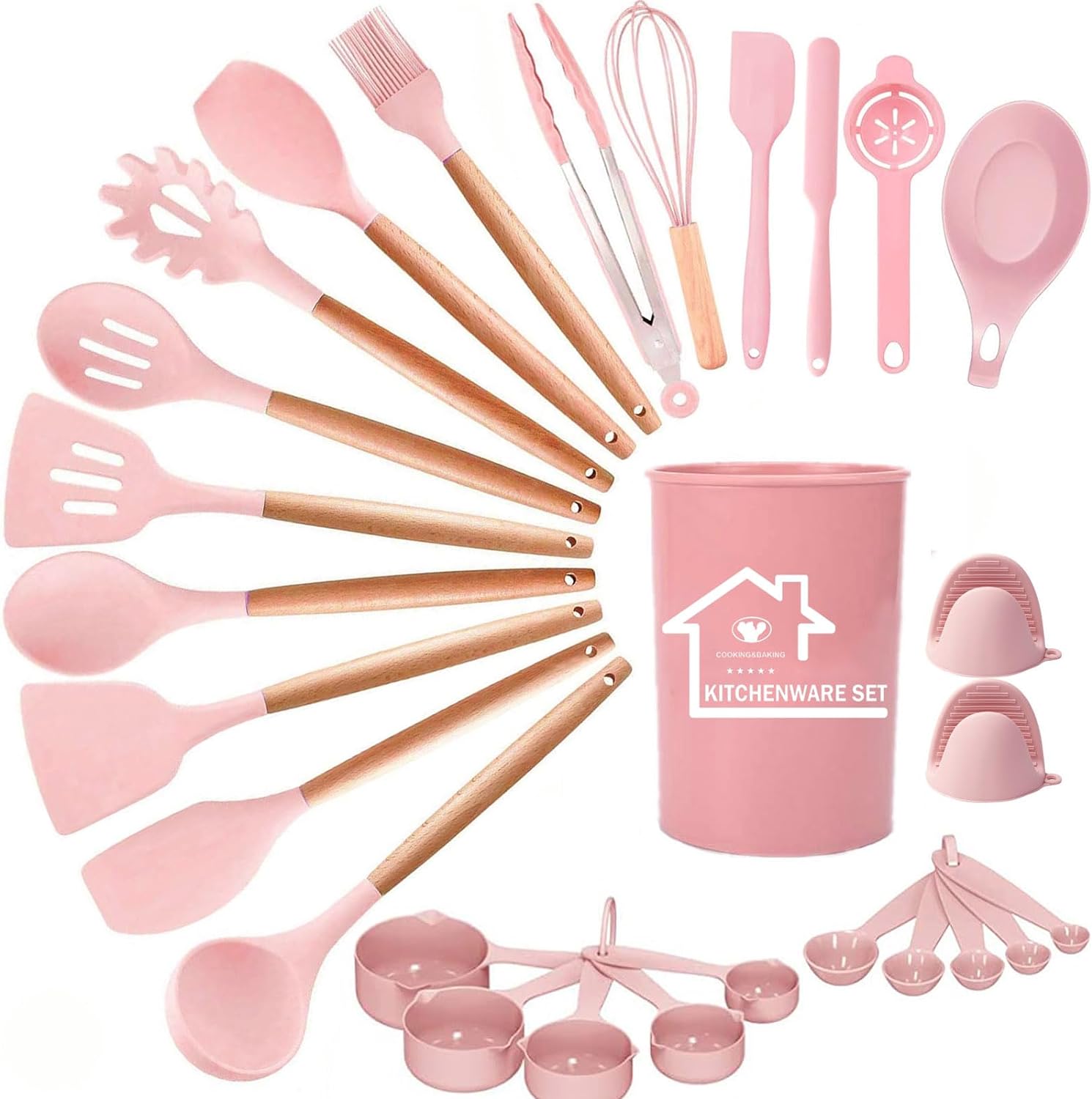 Silicone Kitchen Utensils Set, 28pcs Silicone Kitchen Cooking Utensils Set, Kitchen Tools Spatula Set with Holder for Nonstick Heat Resistant Cookware, Khaki - Amazing Gadgets Outlet