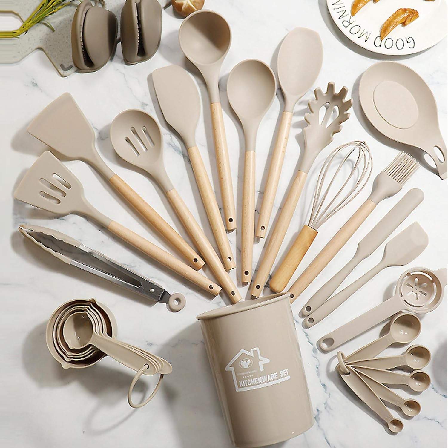 Silicone Kitchen Utensils Set, 28pcs Silicone Kitchen Cooking Utensils Set, Kitchen Tools Spatula Set with Holder for Nonstick Heat Resistant Cookware, Khaki - Amazing Gadgets Outlet