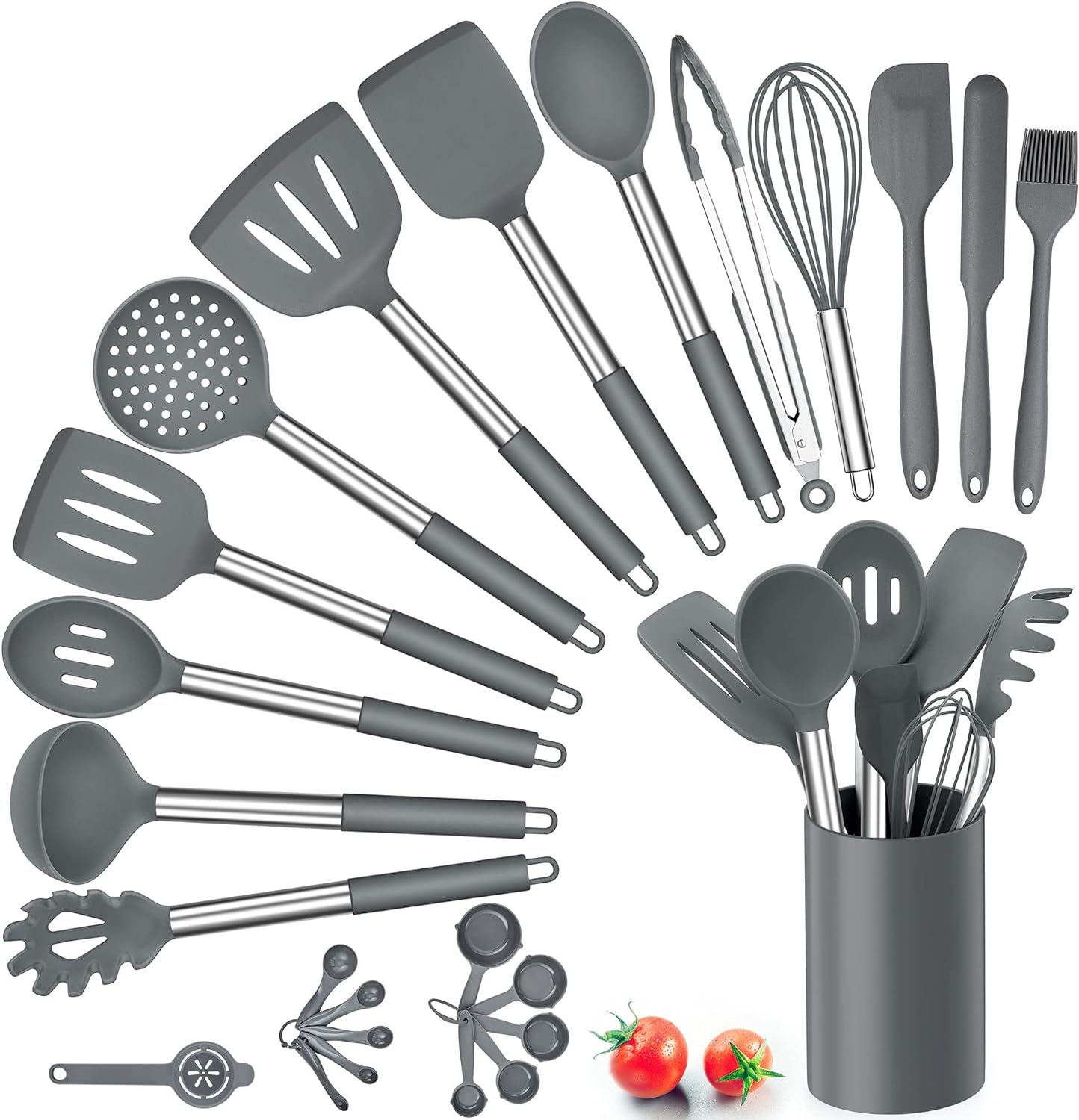 Silicone Kitchen Utensils Set, Herogo 25 Pcs Cooking Utensil with Holder, Heat Resistant Kitchen Tools with Stainless Steel Handle for Non - Stick Cookware, Turner Spatula Spoon Tong Brush Whisk, Grey - Amazing Gadgets Outlet