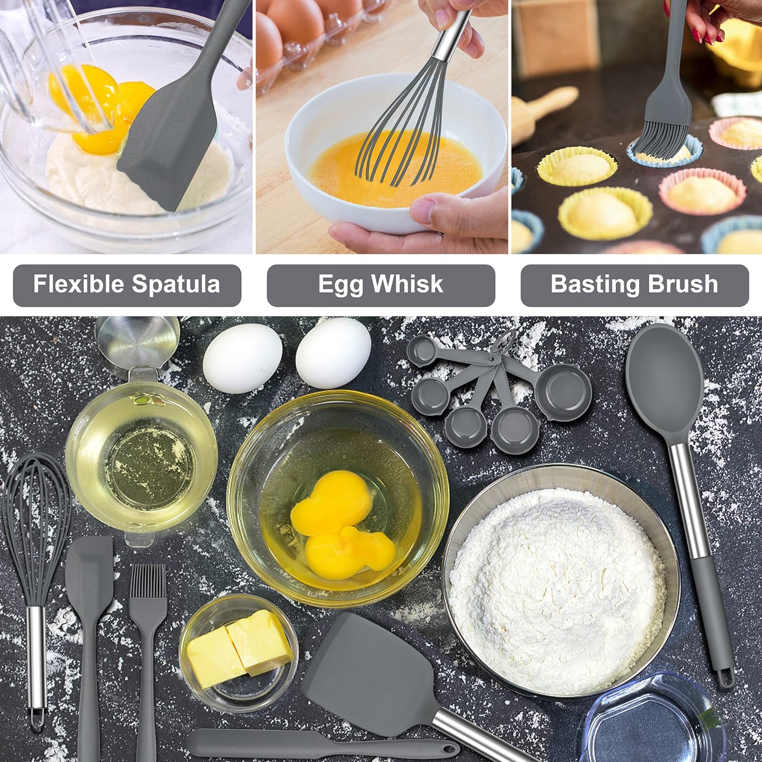 Silicone Kitchen Utensils Set, Herogo 25 Pcs Cooking Utensil with Holder, Heat Resistant Kitchen Tools with Stainless Steel Handle for Non - Stick Cookware, Turner Spatula Spoon Tong Brush Whisk, Grey - Amazing Gadgets Outlet