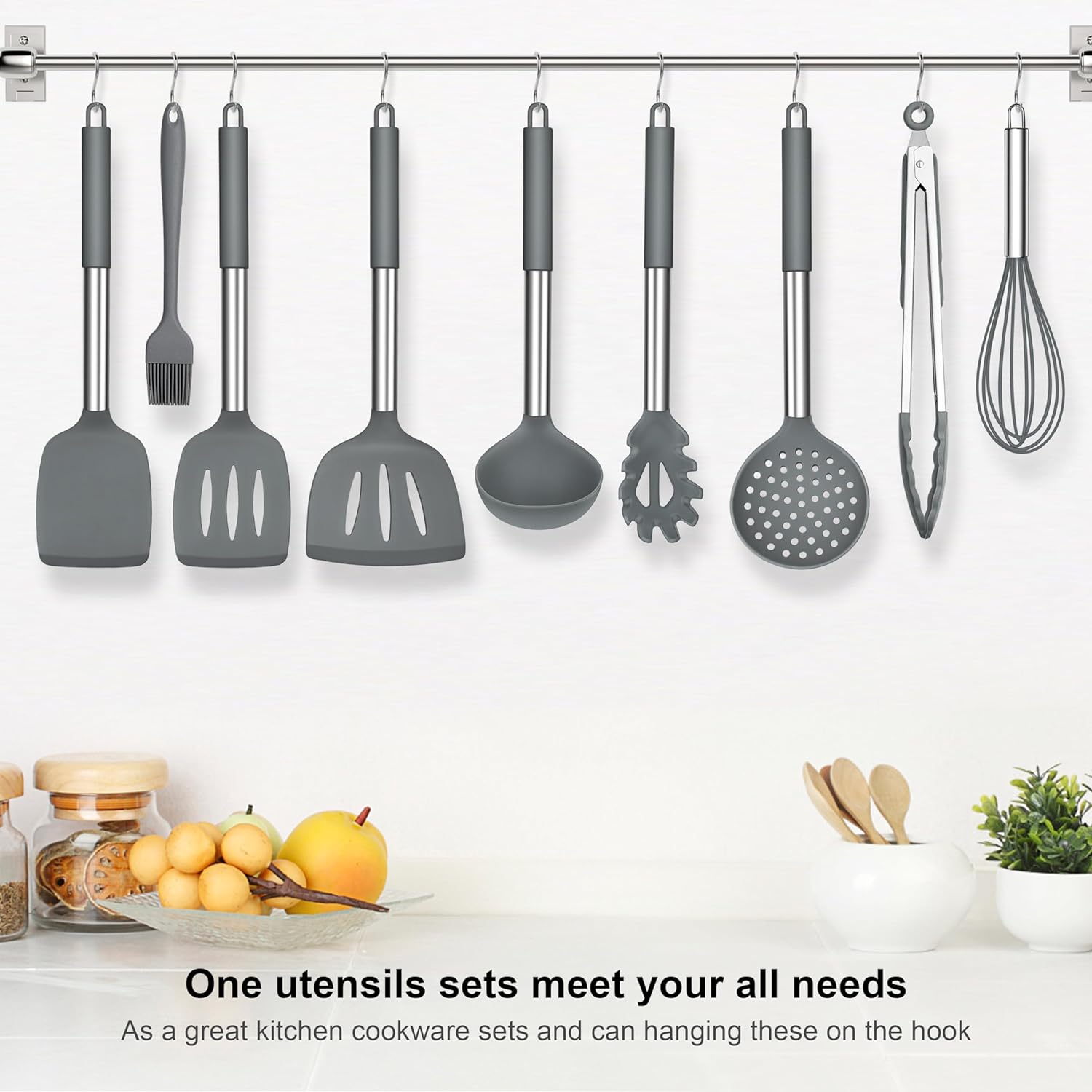 Silicone Kitchen Utensils Set, Herogo 25 Pcs Cooking Utensil with Holder, Heat Resistant Kitchen Tools with Stainless Steel Handle for Non - Stick Cookware, Turner Spatula Spoon Tong Brush Whisk, Grey - Amazing Gadgets Outlet