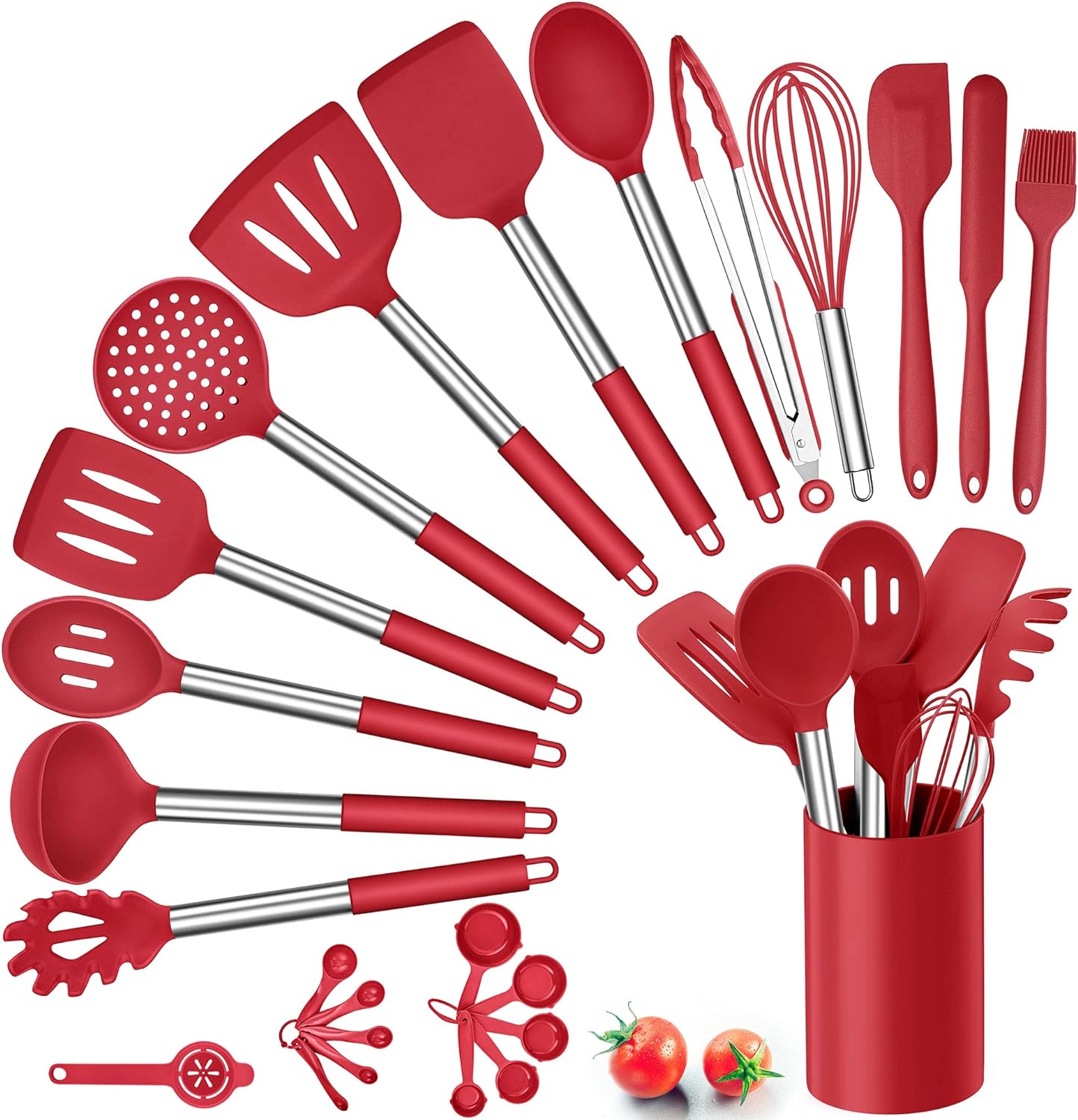 Silicone Kitchen Utensils Set, Herogo 25 Pcs Cooking Utensil with Holder, Heat Resistant Kitchen Tools with Stainless Steel Handle for Non - Stick Cookware, Turner Spatula Spoon Tong Brush Whisk, Grey - Amazing Gadgets Outlet