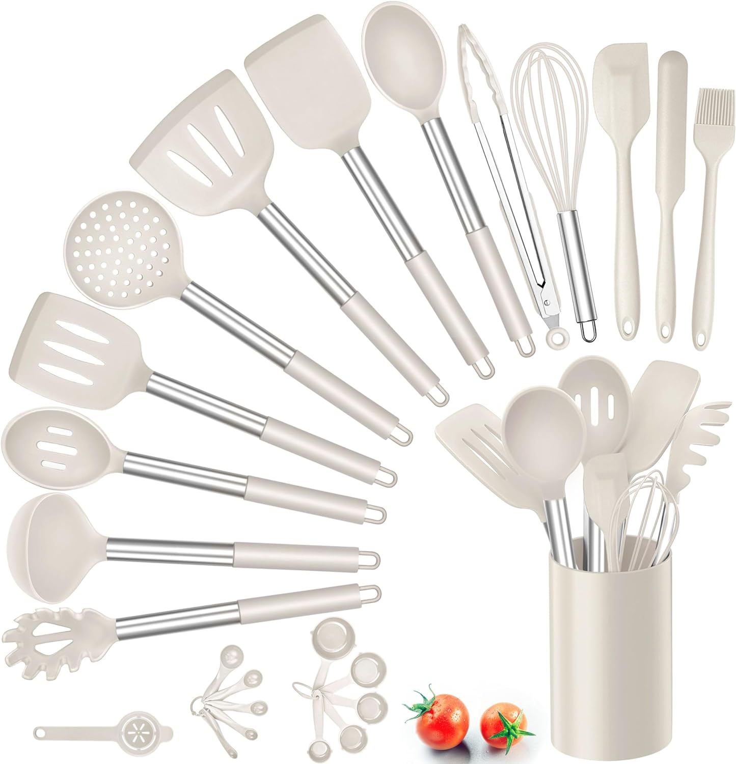 Silicone Kitchen Utensils Set, Herogo 25 Pcs Cooking Utensil with Holder, Heat Resistant Kitchen Tools with Stainless Steel Handle for Non - Stick Cookware, Turner Spatula Spoon Tong Brush Whisk, Grey - Amazing Gadgets Outlet