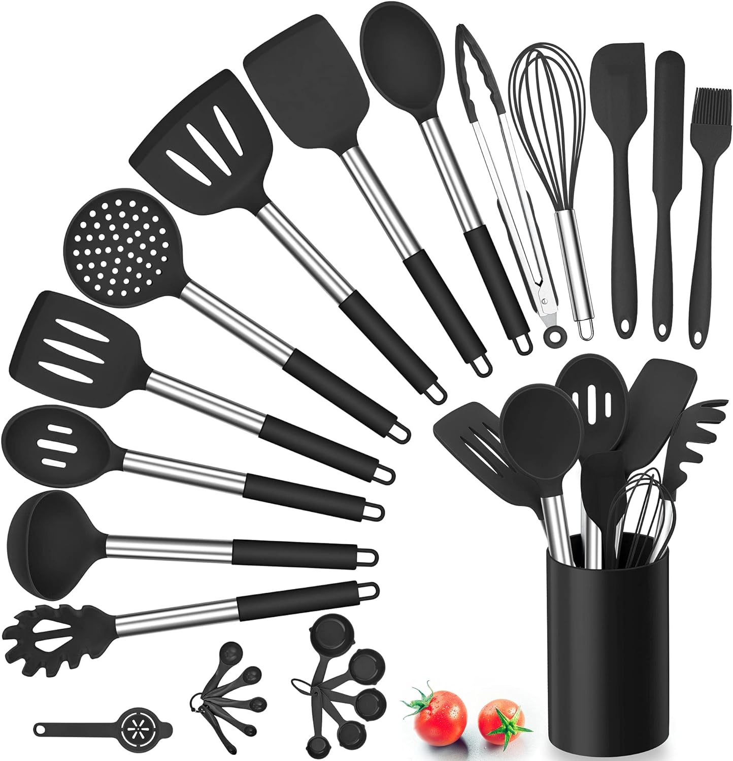 Silicone Kitchen Utensils Set, Herogo 25 Pcs Cooking Utensil with Holder, Heat Resistant Kitchen Tools with Stainless Steel Handle for Non - Stick Cookware, Turner Spatula Spoon Tong Brush Whisk, Grey - Amazing Gadgets Outlet