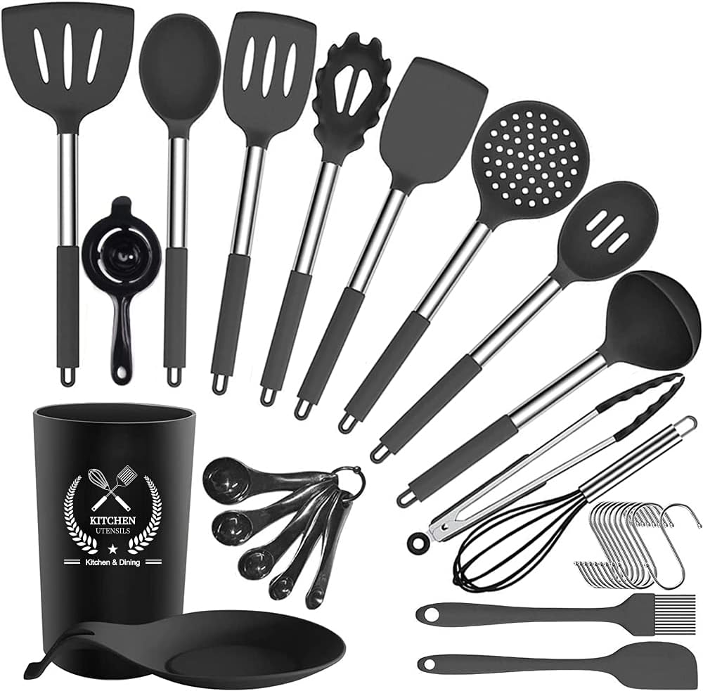 Silicone Kitchen Utensils Set,30 Pcs Silicone ,Stainless Steel Cooking Utensils Heat Resistant Cookware,Cooking Tools with Holder for Non Stick Pans (Grey) - Amazing Gadgets Outlet