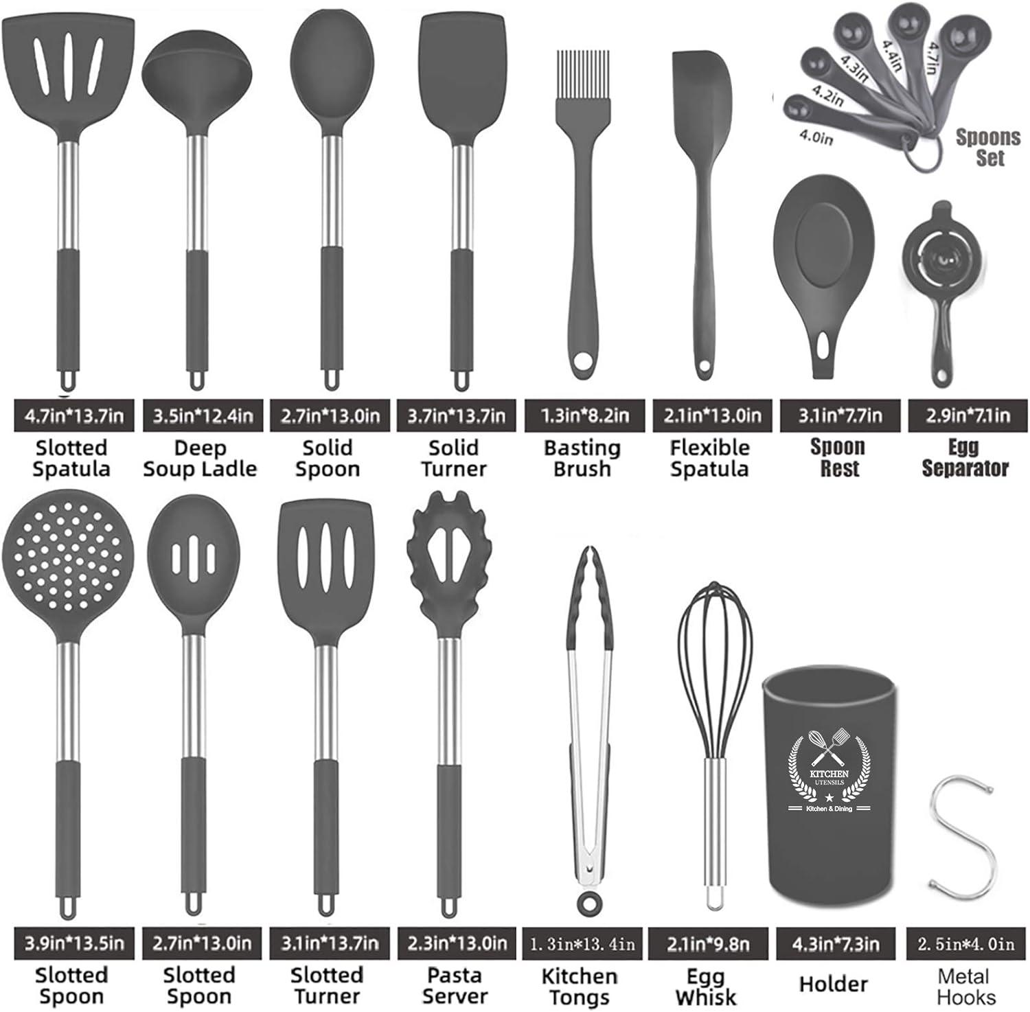 Silicone Kitchen Utensils Set,30 Pcs Silicone ,Stainless Steel Cooking Utensils Heat Resistant Cookware,Cooking Tools with Holder for Non Stick Pans (Grey) - Amazing Gadgets Outlet