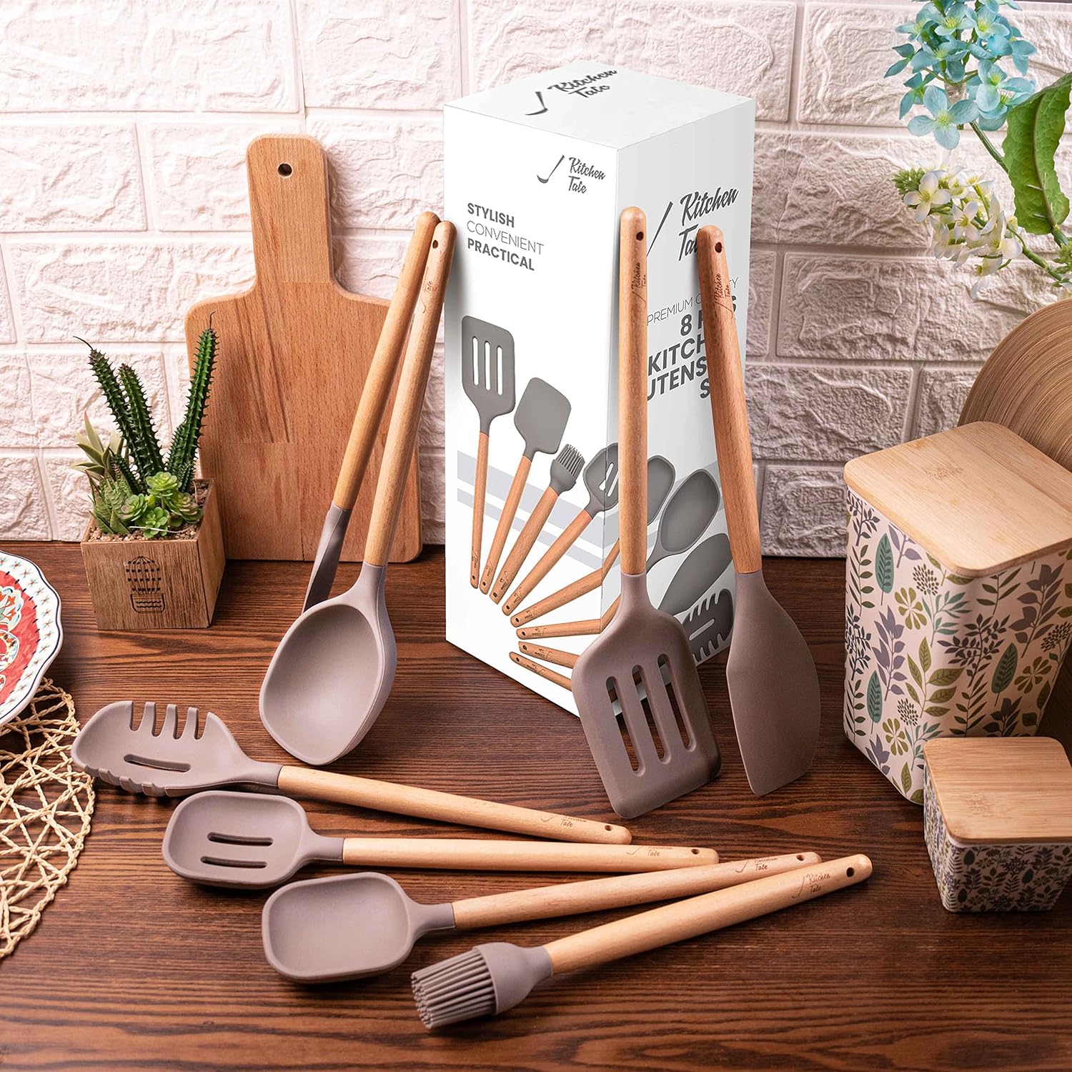 Silicone Kitchen Utensils Set,8 Pcs Wooden Handle Kitchen Utensil Set,Cooking Tools Turner for Non - Sticks Heat Resistance Kitchen Tools, Kitchen Cooking Utensils, Silicone Spatulas for Cooking - Amazing Gadgets Outlet