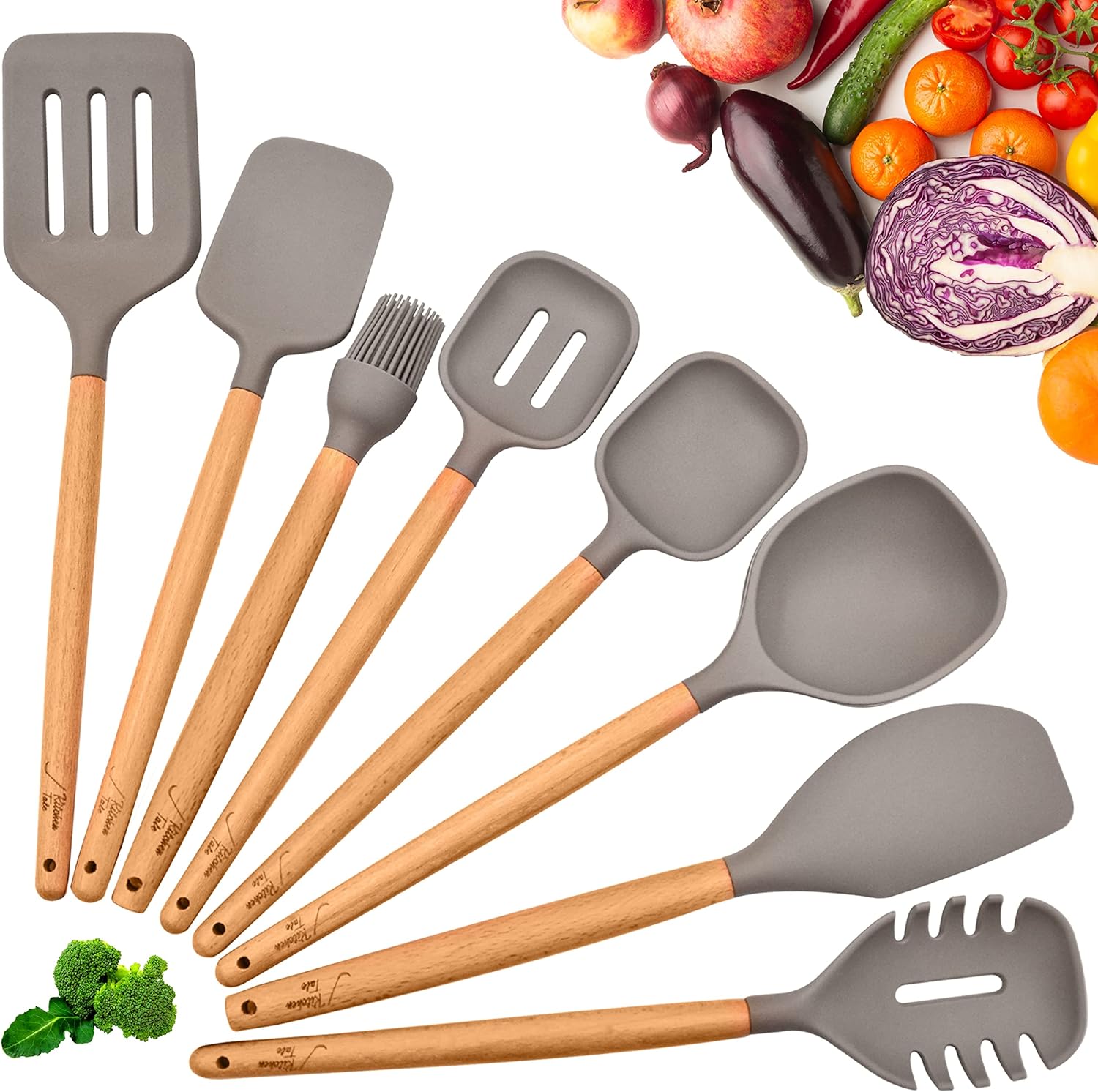 Silicone Kitchen Utensils Set,8 Pcs Wooden Handle Kitchen Utensil Set,Cooking Tools Turner for Non - Sticks Heat Resistance Kitchen Tools, Kitchen Cooking Utensils, Silicone Spatulas for Cooking - Amazing Gadgets Outlet