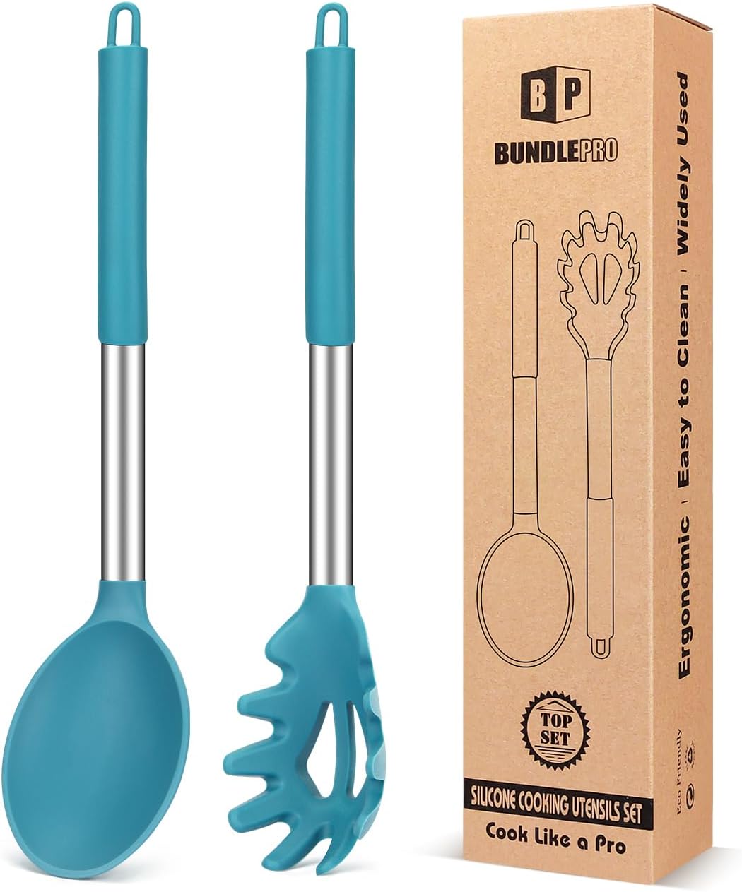 Silicone Pasta Fork and Ladle Spoon Set, Large Non Stick Kitchen Utensils for Cooking,Stirring,Serving Spaghetti, Soup, Sauce - Amazing Gadgets Outlet