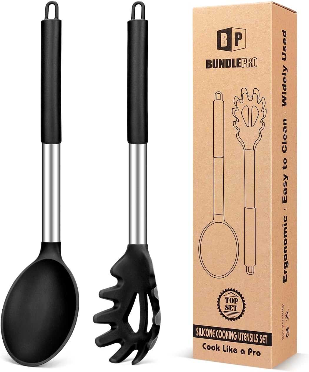 Silicone Pasta Fork and Ladle Spoon Set, Large Non Stick Kitchen Utensils for Cooking,Stirring,Serving Spaghetti, Soup, Sauce - Amazing Gadgets Outlet