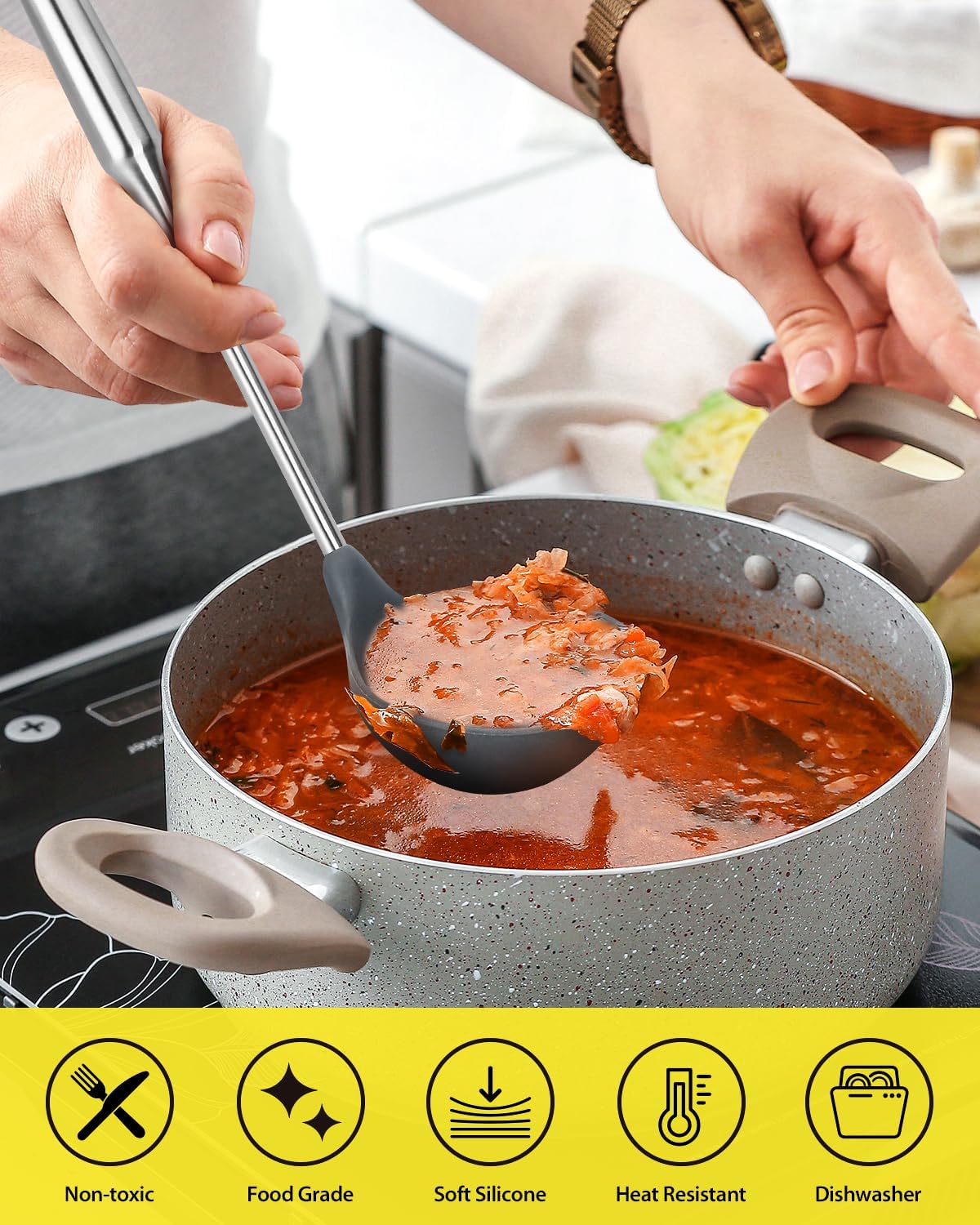 Silicone Soup Ladle - Slottede Spoon - Kitchen Utensils Set, Nonstick BPA Free High Heat Resistant Kitchen Utensils, Chef Cookware for Cooking, Serving, Draining, Stirring - Amazing Gadgets Outlet