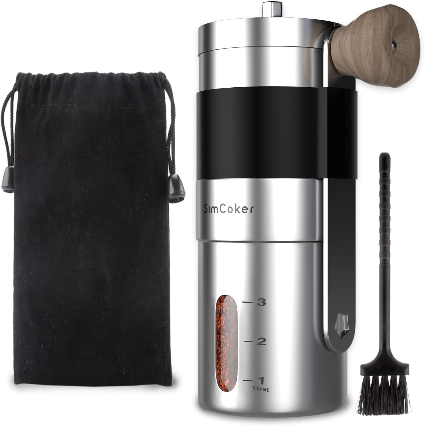 SimCoker Manual Coffee Grinder Ceramic Burrs Hand Coffee Grinder 304 Stainless Steel Compact Size, Includes Cleaning Brush, Storage Pouch - Amazing Gadgets Outlet