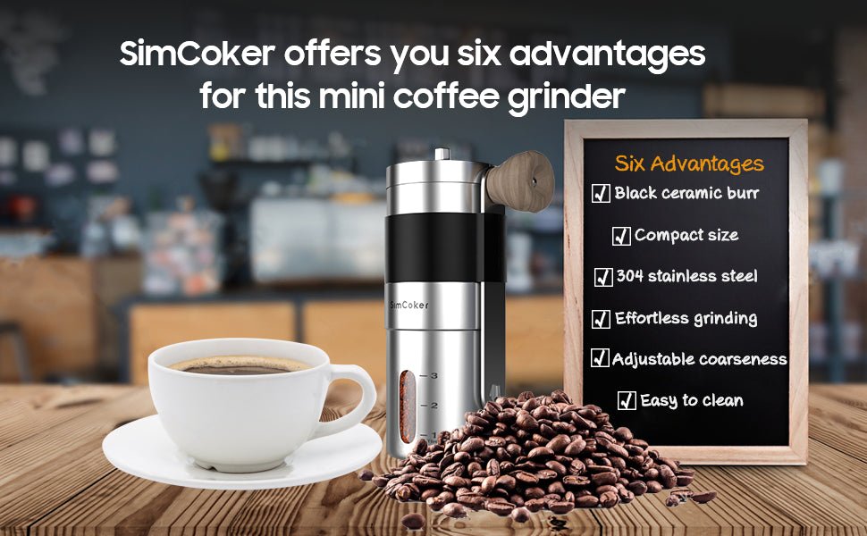 SimCoker Manual Coffee Grinder Ceramic Burrs Hand Coffee Grinder 304 Stainless Steel Compact Size, Includes Cleaning Brush, Storage Pouch - Amazing Gadgets Outlet