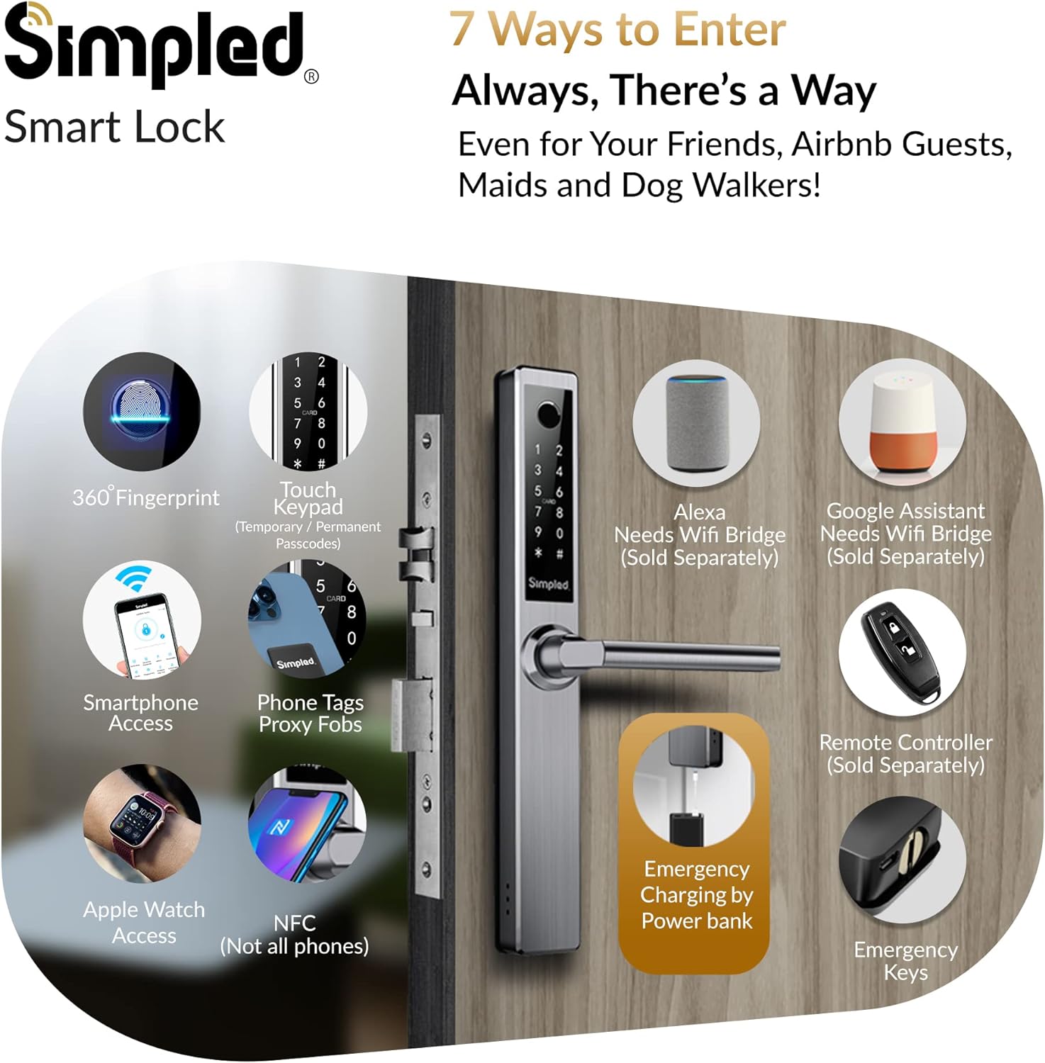 Simpled Weatherproof Slim Series Smart Lock Touch, 7 - in - 1, Fingerprint Keyless Security Entry Door Lock, Bluetooth Electronic Deadbolt, Smartphone Access - Designed for The UK Weather, Silver - Amazing Gadgets Outlet