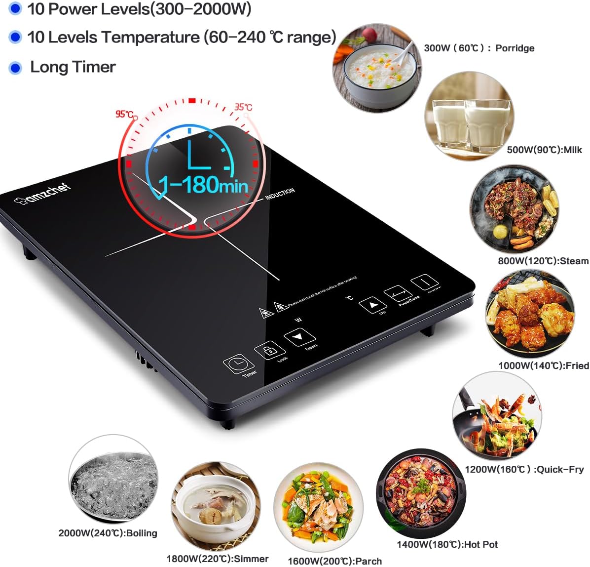 Single Induction Hob AMZCHEF 2000W Induction Cooker with Ultra Thin Body, Low Noise Electric Induction Cooker with 10 Temperature & Power Levels, Timer,Safety Lock, Touch Sensor - Amazing Gadgets Outlet