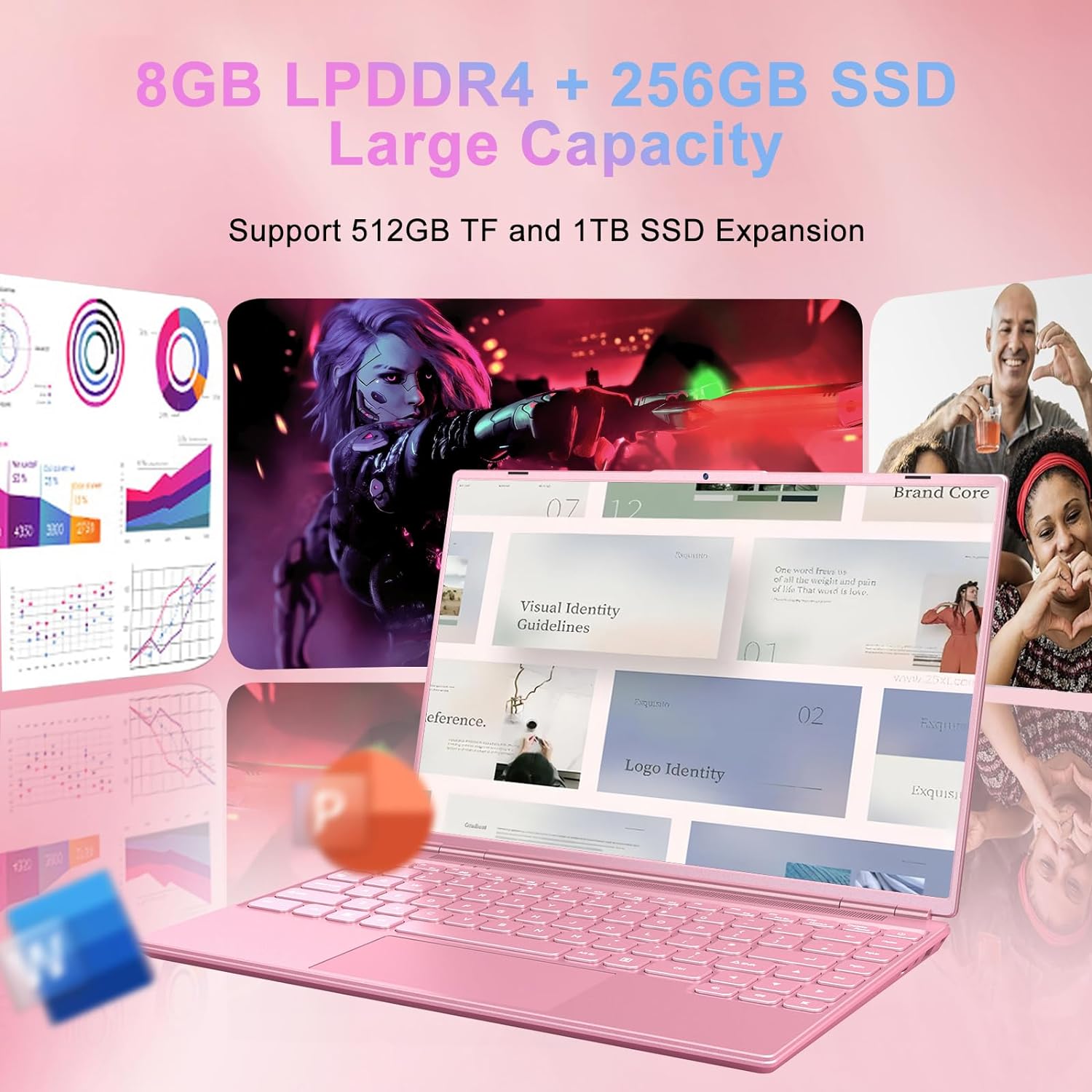 SJMCGC/AOCWEI Laptop 14 Inch 8GB RAM 256GB SSD 1TB Extend Intel N5095 (up to 2.9Ghz), Win 11 Gaming Laptop Support 5G WiFi BT 4.2 Cooling Fan 1920*1200, Notebook With Mouse & Keyboard Protector - Pink - Amazing Gadgets Outlet