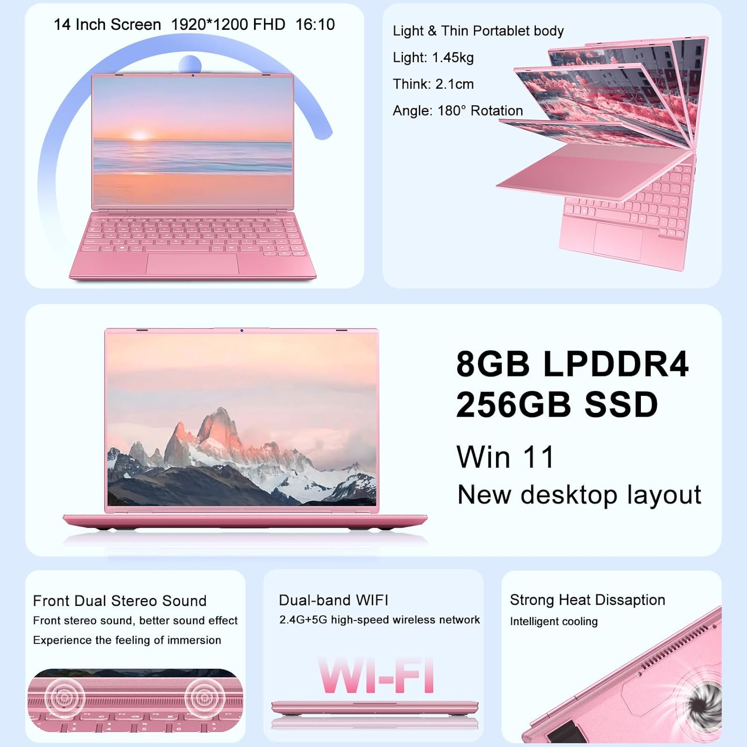 SJMCGC/AOCWEI Laptop 14 Inch 8GB RAM 256GB SSD 1TB Extend Intel N5095 (up to 2.9Ghz), Win 11 Gaming Laptop Support 5G WiFi BT 4.2 Cooling Fan 1920*1200, Notebook With Mouse & Keyboard Protector - Pink - Amazing Gadgets Outlet