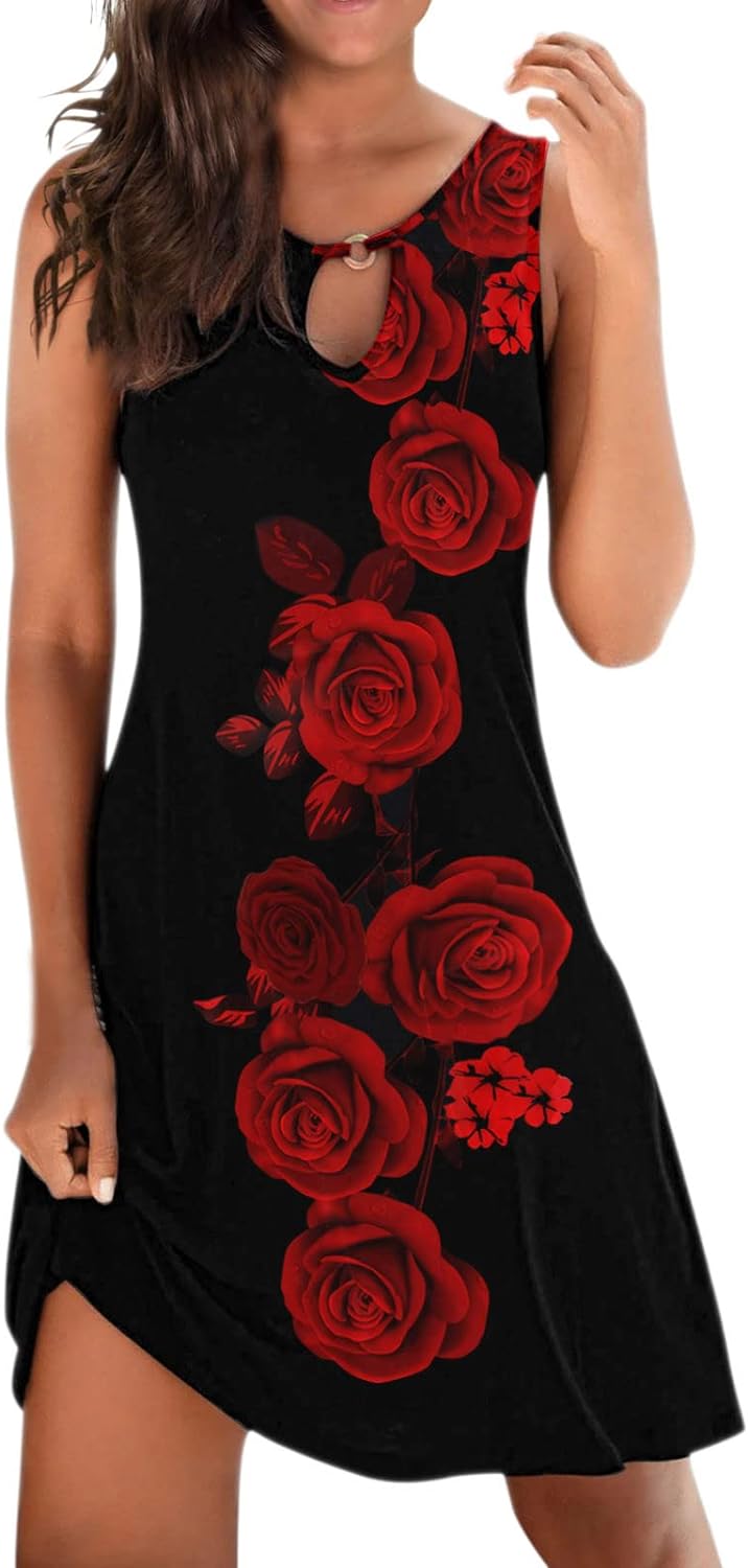 Skang Casual Long Dresses for Women UK Knee - Long Dress Cutout Dres Sleevelese Summer Floral Print Dresses Vacation Daily Dress Elegant Flowy Baggy Soft Cocktail - Amazing Gadgets Outlet