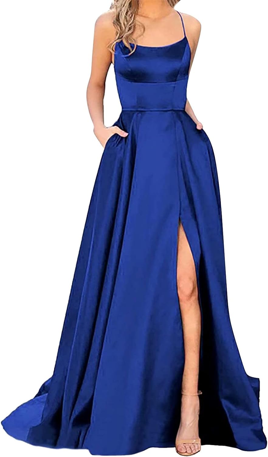 Skang Champagne Bridesmaid Dresses Prom Dresses Ladies Long Women Elegant Backless Long DressesCrisn Satin Spaghetti Party Prom Dress Side Slit Wedding Evening Party Dress with Dresses for - Amazing Gadgets Outlet