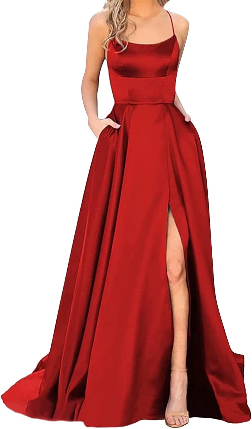 Skang Champagne Bridesmaid Dresses Prom Dresses Ladies Long Women Elegant Backless Long DressesCrisn Satin Spaghetti Party Prom Dress Side Slit Wedding Evening Party Dress with Dresses for - Amazing Gadgets Outlet