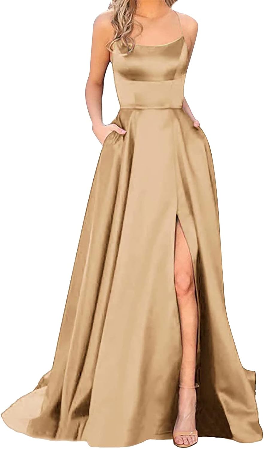 Skang Champagne Bridesmaid Dresses Prom Dresses Ladies Long Women Elegant Backless Long DressesCrisn Satin Spaghetti Party Prom Dress Side Slit Wedding Evening Party Dress with Dresses for - Amazing Gadgets Outlet