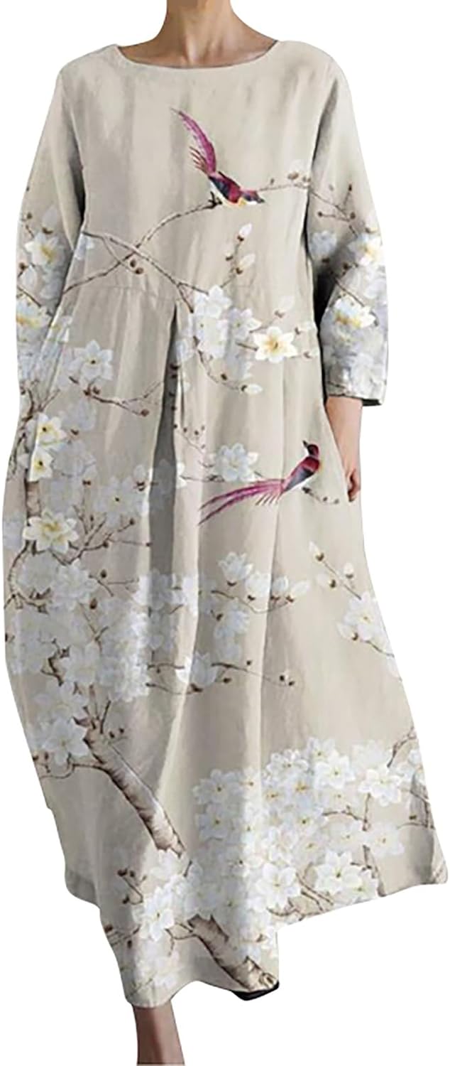 Skang Dresses for Women UK Women's Loose Round Neck Fashion Senior Long Sleeve Printed V Neck Dress Swing Dresses - Amazing Gadgets Outlet