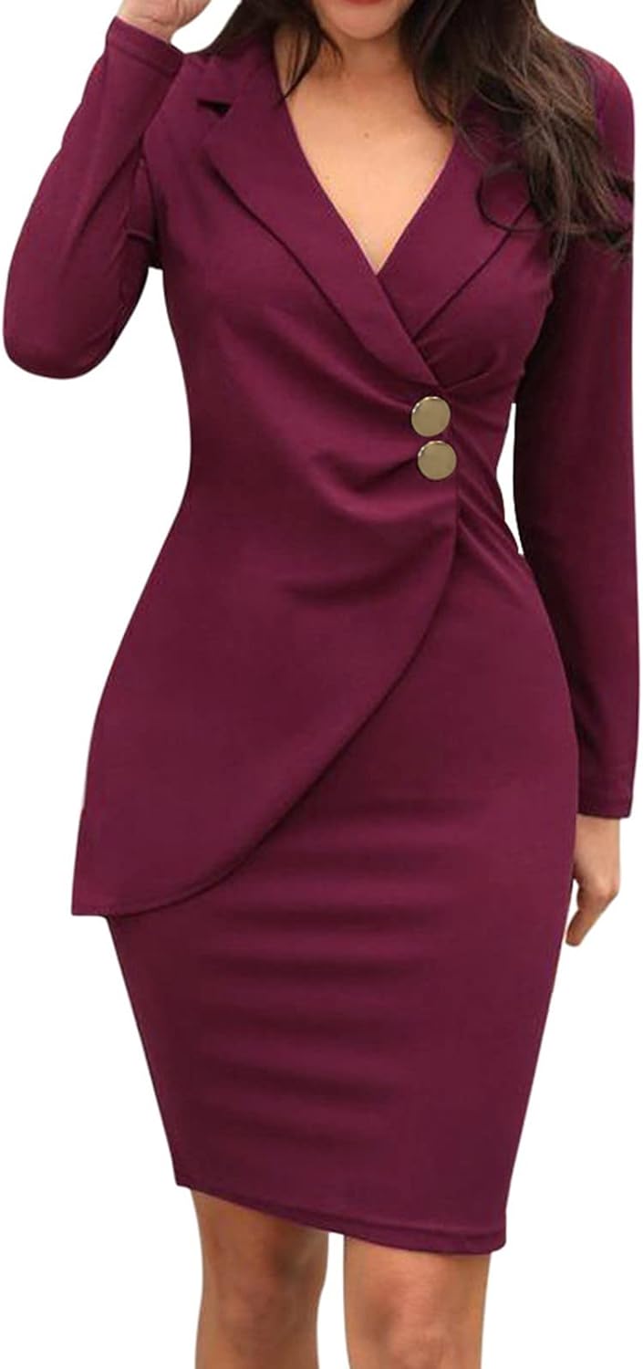 Skang Elegant Dresses for Women Solid Sleeve Down Women Work Neck Long Formal Turn Dress Casaul Women's Dress Tummy Hiding Dresses for Women - Amazing Gadgets Outlet