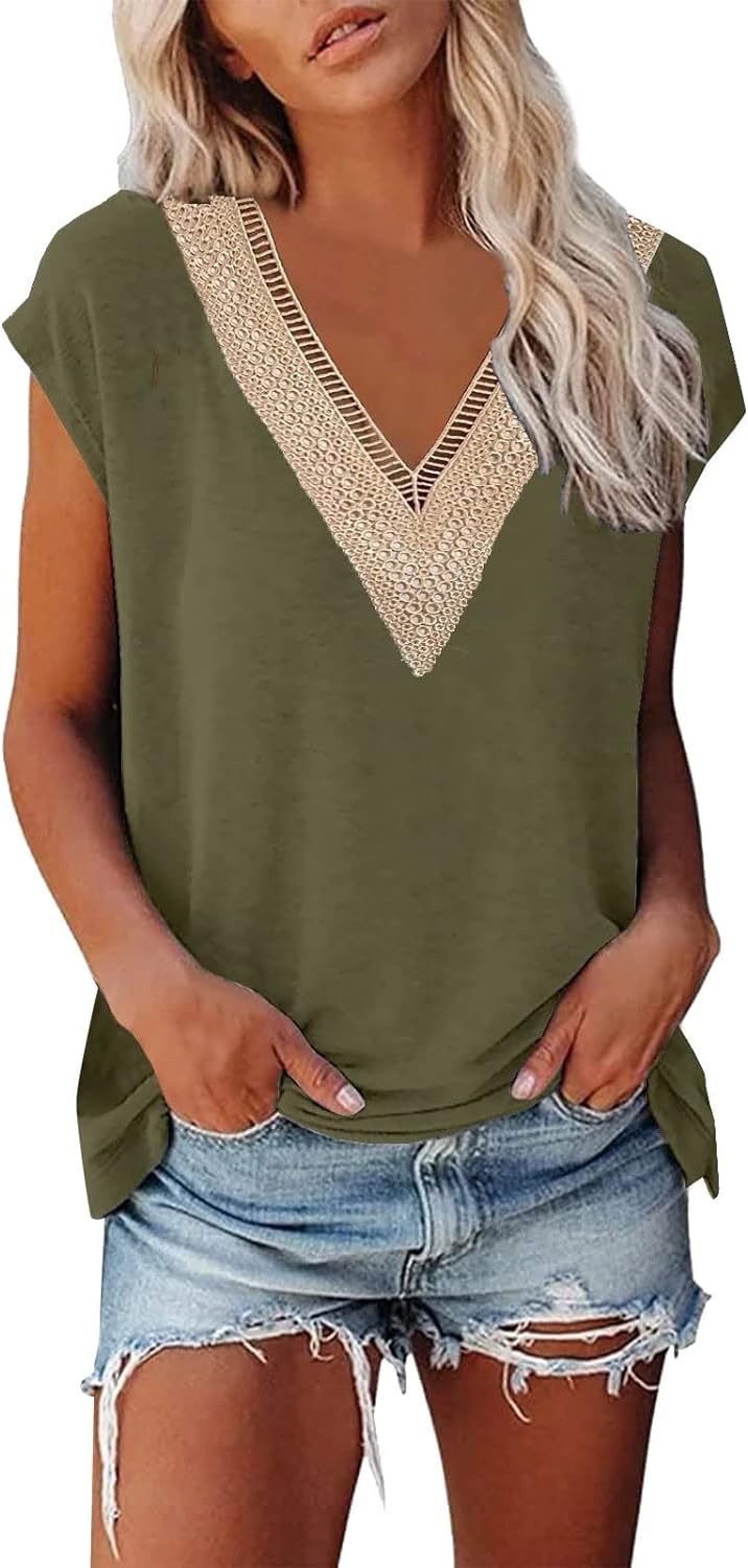 Skang Ladies Sweatshirts Womens Cap Sleeve Summer Tops Trendy Tank Tops Floral Print Lace V Neck Loose Fit Shirts Personalised t Shirt - Amazing Gadgets Outlet