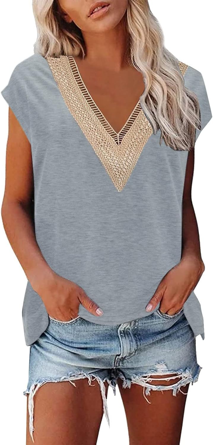 Skang Ladies Sweatshirts Womens Cap Sleeve Summer Tops Trendy Tank Tops Floral Print Lace V Neck Loose Fit Shirts Personalised t Shirt - Amazing Gadgets Outlet