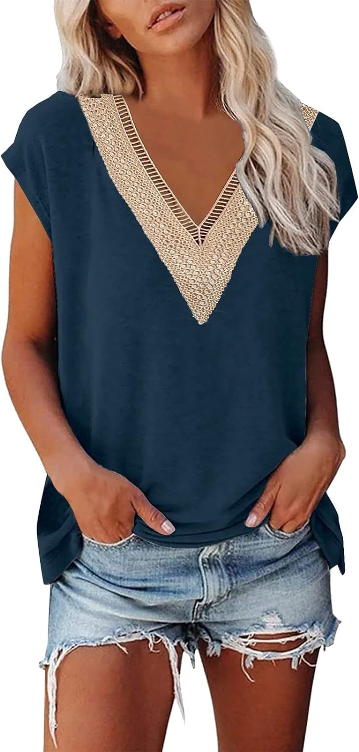 Skang Ladies Sweatshirts Womens Cap Sleeve Summer Tops Trendy Tank Tops Floral Print Lace V Neck Loose Fit Shirts Personalised t Shirt - Amazing Gadgets Outlet