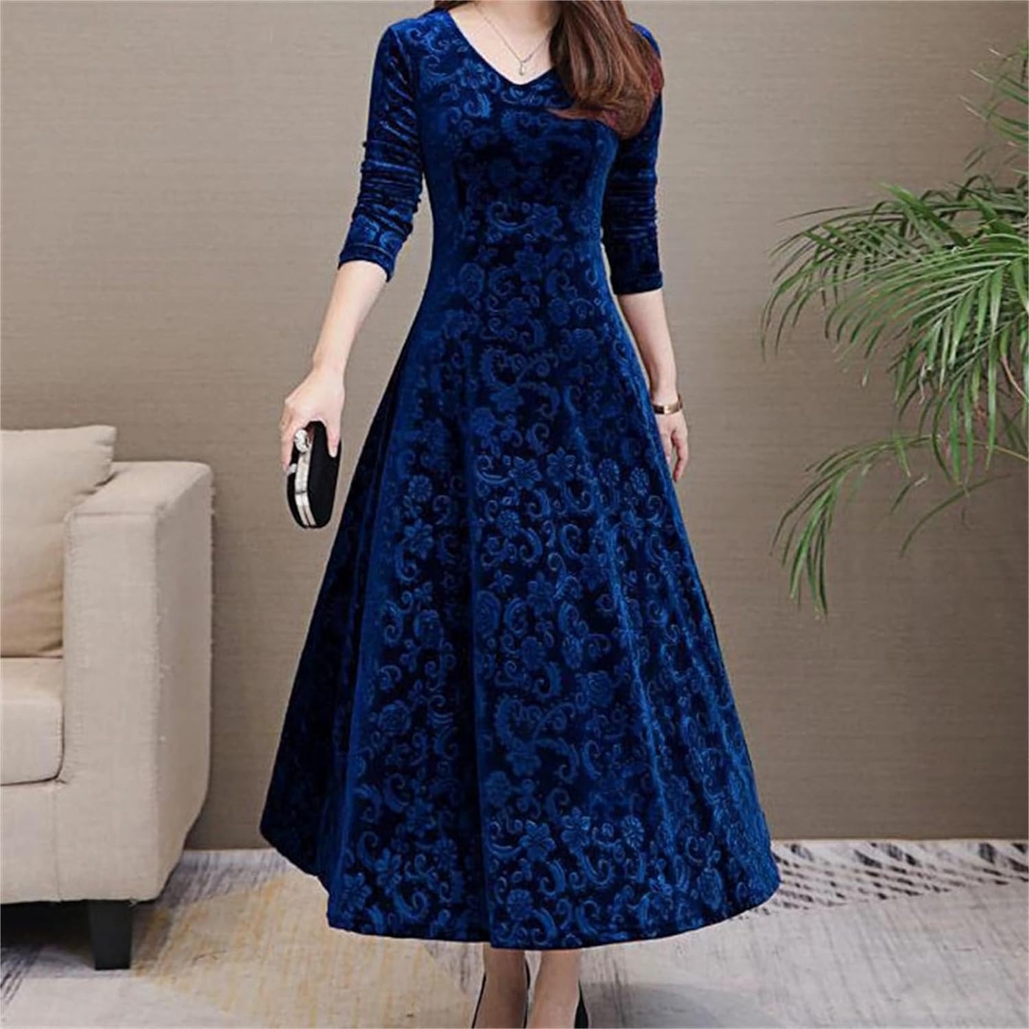 Skang Long Dresses for Women UK Casual Elegant Long Maxi Dresses A - Line Empire Dress Long Sleeve V Neck Dresses Floral Print Bohemian Dress Loose Evening Dating Banquet Dresses Classic Dress - Amazing Gadgets Outlet