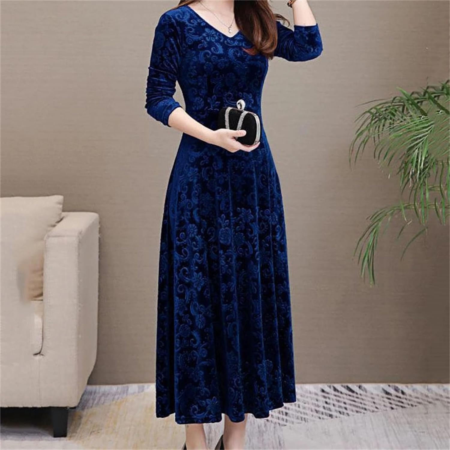 Skang Long Dresses for Women UK Casual Elegant Long Maxi Dresses A - Line Empire Dress Long Sleeve V Neck Dresses Floral Print Bohemian Dress Loose Evening Dating Banquet Dresses Classic Dress - Amazing Gadgets Outlet