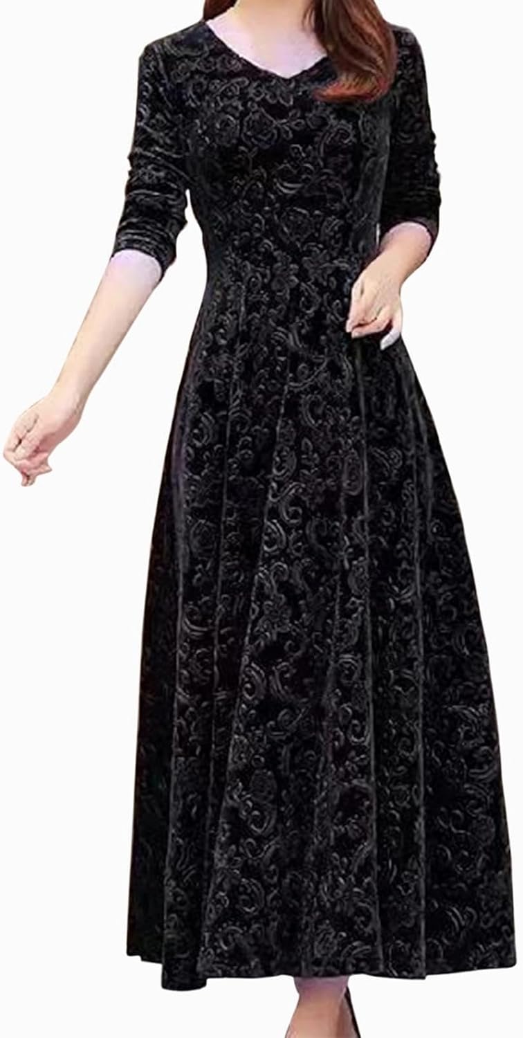 Skang Long Dresses for Women UK Casual Elegant Long Maxi Dresses A - Line Empire Dress Long Sleeve V Neck Dresses Floral Print Bohemian Dress Loose Evening Dating Banquet Dresses Classic Dress - Amazing Gadgets Outlet