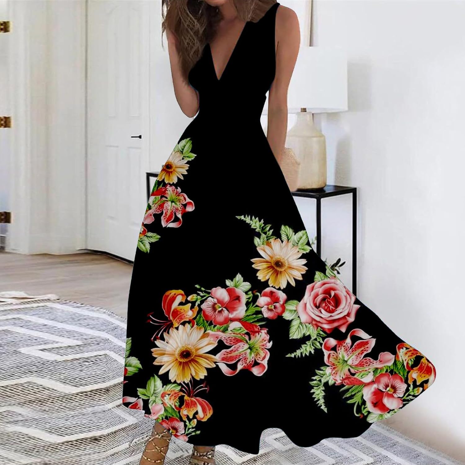 Skang Shirt Dresses for Women UK Sundresses for Women 2024 Spring Summer Elegant Wrap V Neck Sleeveless Maxi Dress Trendy Floral Print Flowy Beach Dress Baggy Dress - Amazing Gadgets Outlet