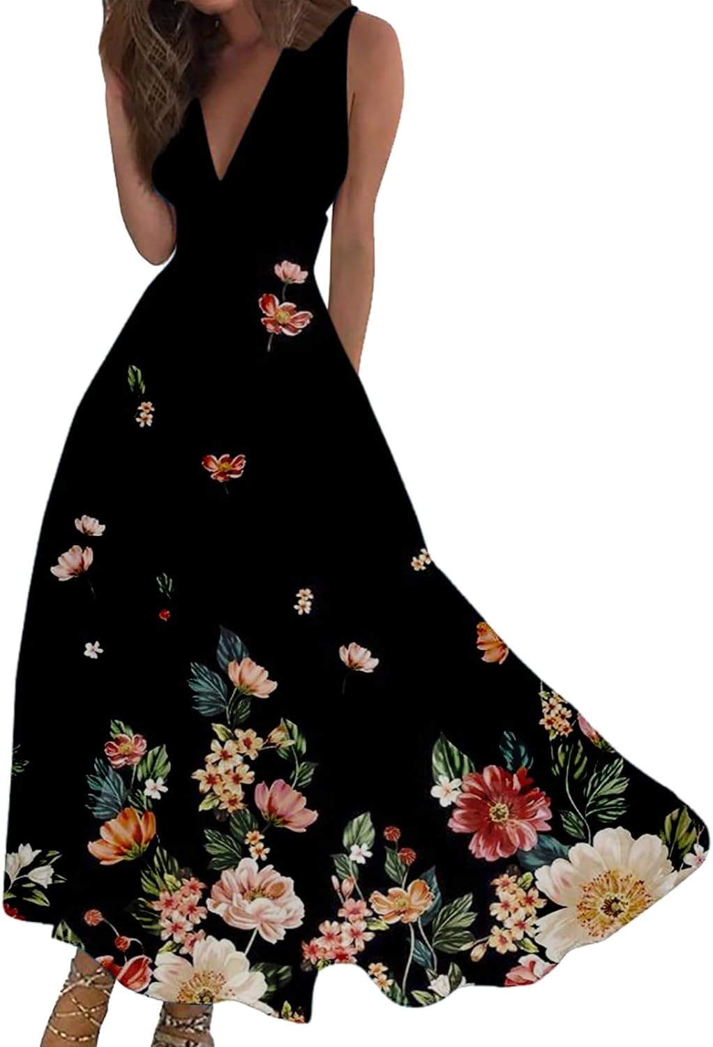 Skang Shirt Dresses for Women UK Sundresses for Women 2024 Spring Summer Elegant Wrap V Neck Sleeveless Maxi Dress Trendy Floral Print Flowy Beach Dress Baggy Dress - Amazing Gadgets Outlet