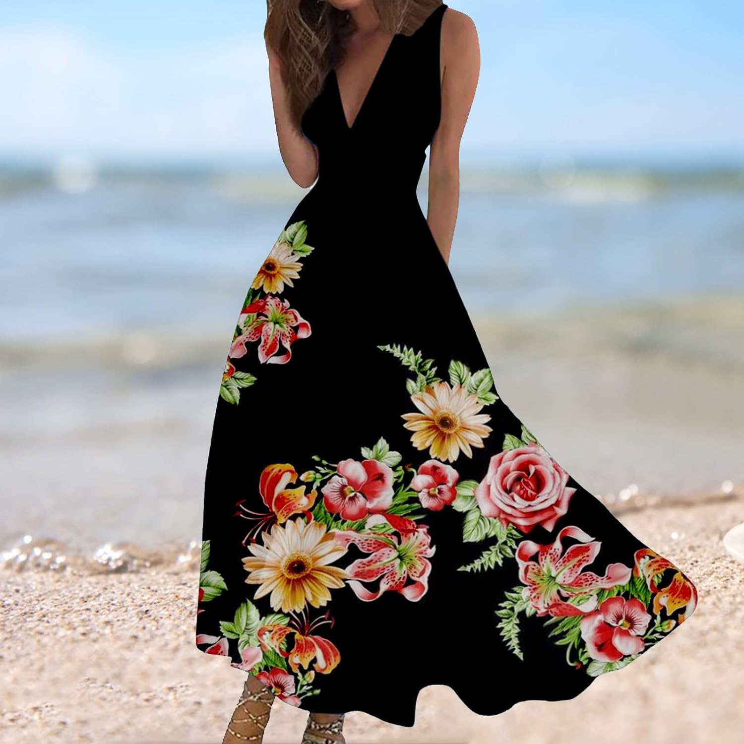 Skang Shirt Dresses for Women UK Sundresses for Women 2024 Spring Summer Elegant Wrap V Neck Sleeveless Maxi Dress Trendy Floral Print Flowy Beach Dress Baggy Dress - Amazing Gadgets Outlet