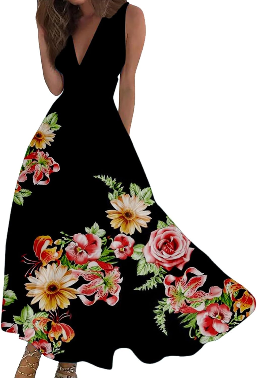 Skang Shirt Dresses for Women UK Sundresses for Women 2024 Spring Summer Elegant Wrap V Neck Sleeveless Maxi Dress Trendy Floral Print Flowy Beach Dress Baggy Dress - Amazing Gadgets Outlet