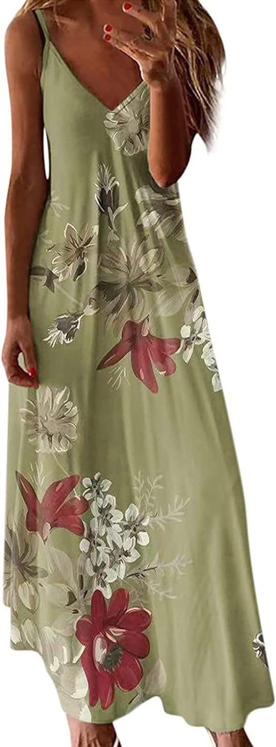 Skang Summer Dresses for Women UK Maxi Dress Floral Print Dress Sleeveless V Neck Dresses Soft Casual Long Sun Dress Boho Wedding Guest Dress - Amazing Gadgets Outlet