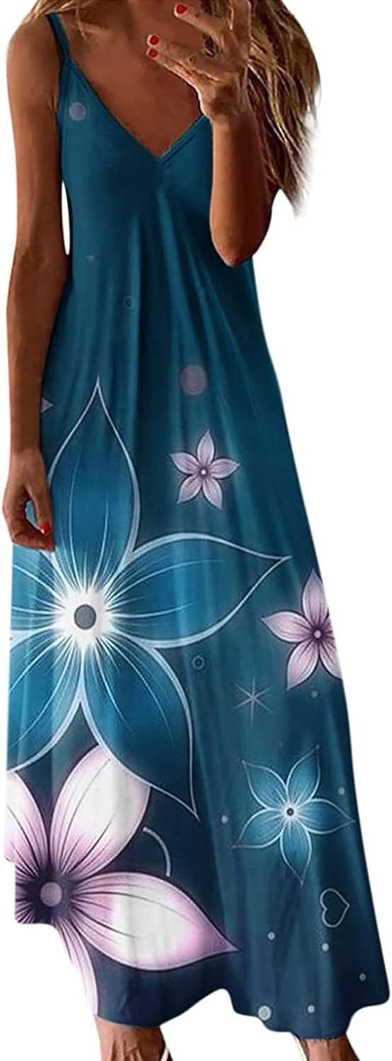 Skang Summer Dresses for Women UK Maxi Dress Floral Print Dress Sleeveless V Neck Dresses Soft Casual Long Sun Dress Boho Wedding Guest Dress - Amazing Gadgets Outlet