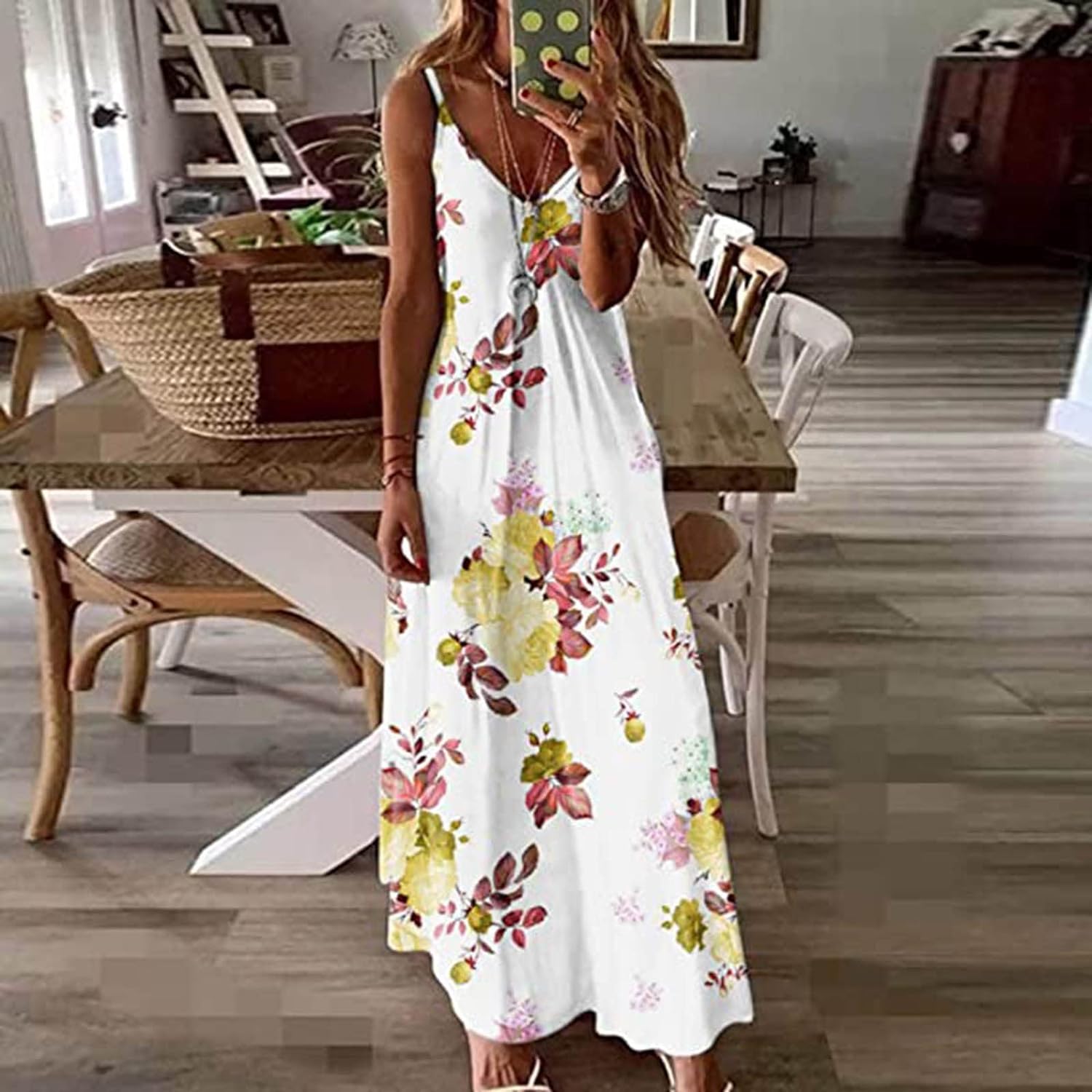 Skang Summer Dresses for Women UK Maxi Dress Floral Print Dress Sleeveless V Neck Dresses Soft Casual Long Sun Dress Boho Wedding Guest Dress - Amazing Gadgets Outlet