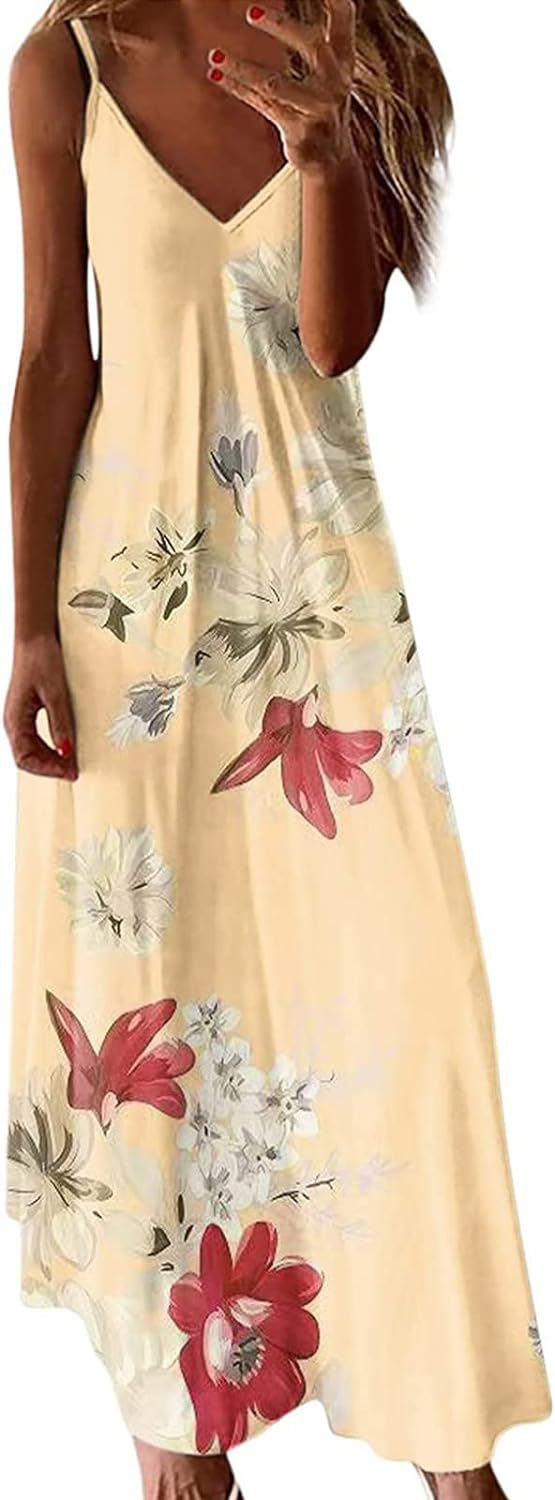 Skang Summer Dresses for Women UK Maxi Dress Floral Print Dress Sleeveless V Neck Dresses Soft Casual Long Sun Dress Boho Wedding Guest Dress - Amazing Gadgets Outlet